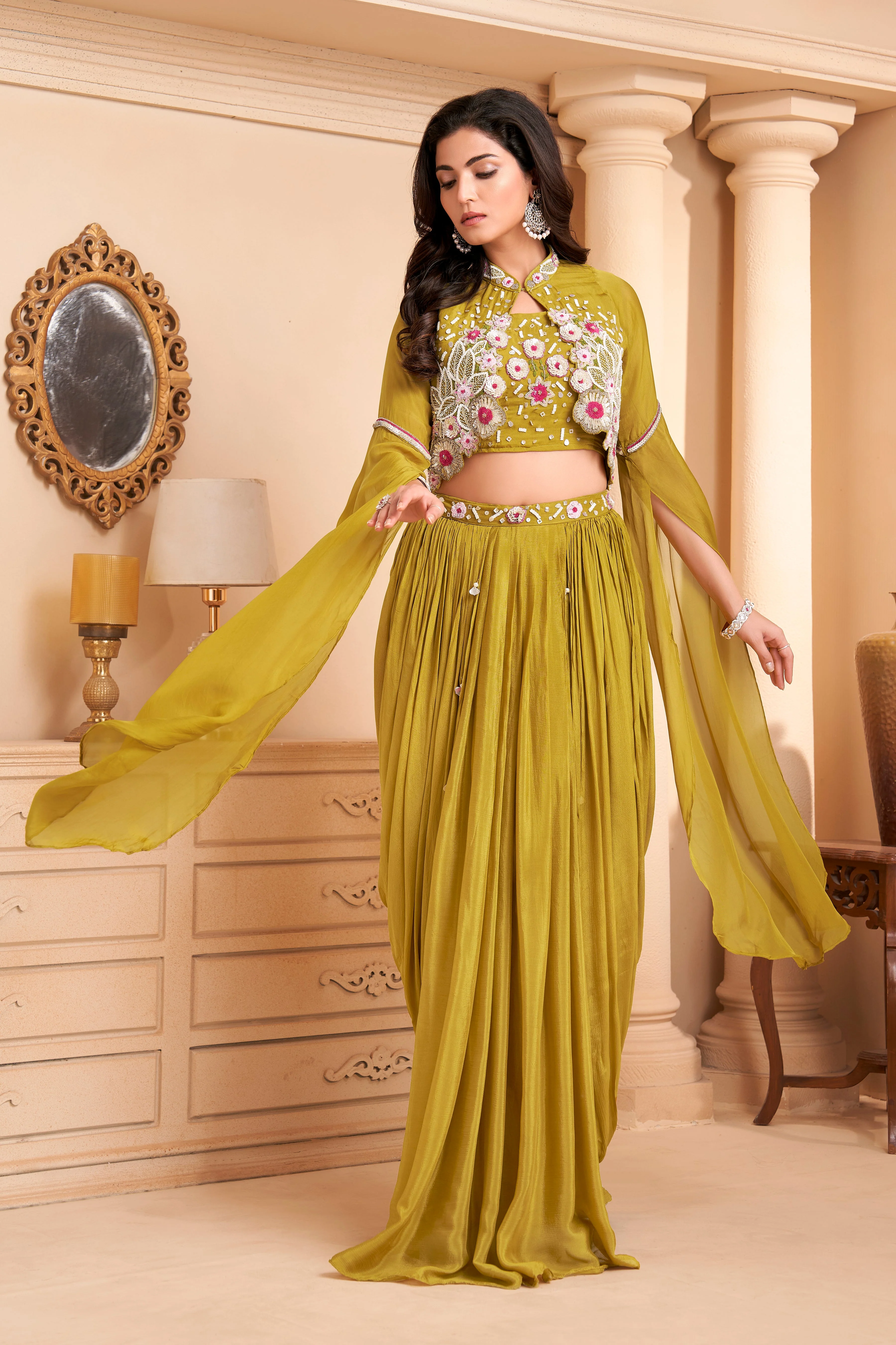 Lime Green Embellished Crepe Silk Skirt Set - Image 3