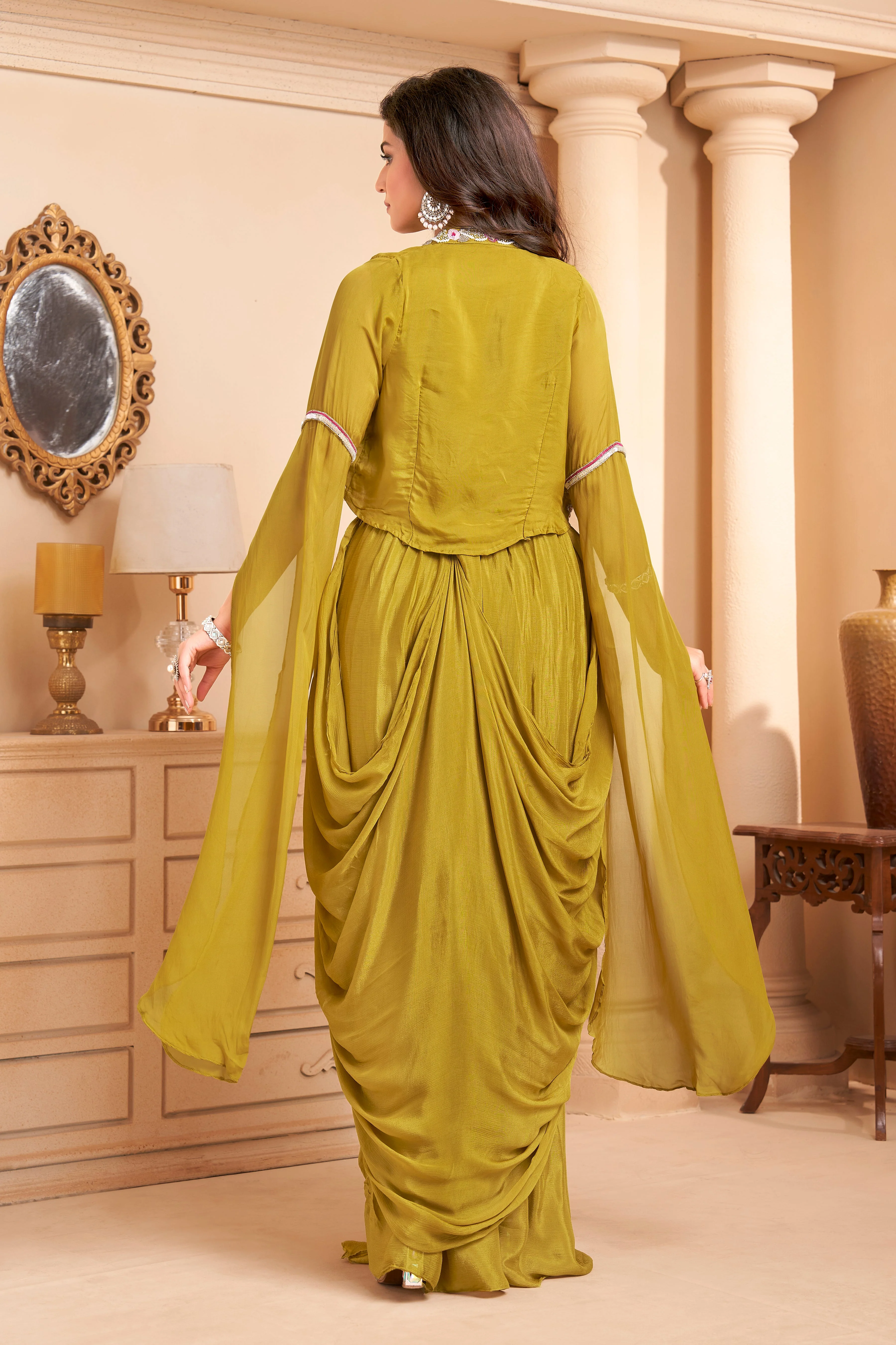 Lime Green Embellished Crepe Silk Skirt Set - Image 4