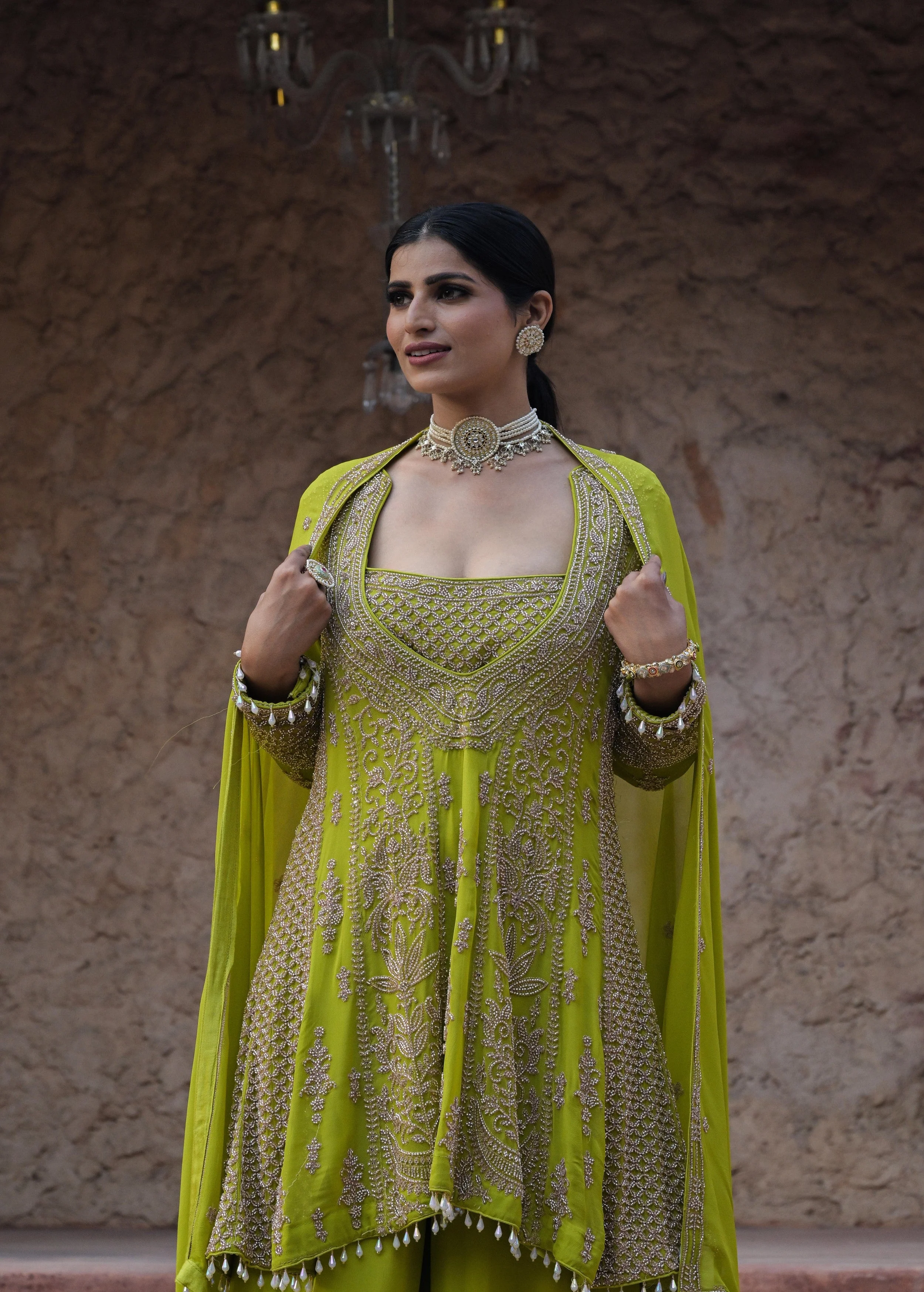 Lime Green Embellished Georgette Silk Palazzo Set - Image 2
