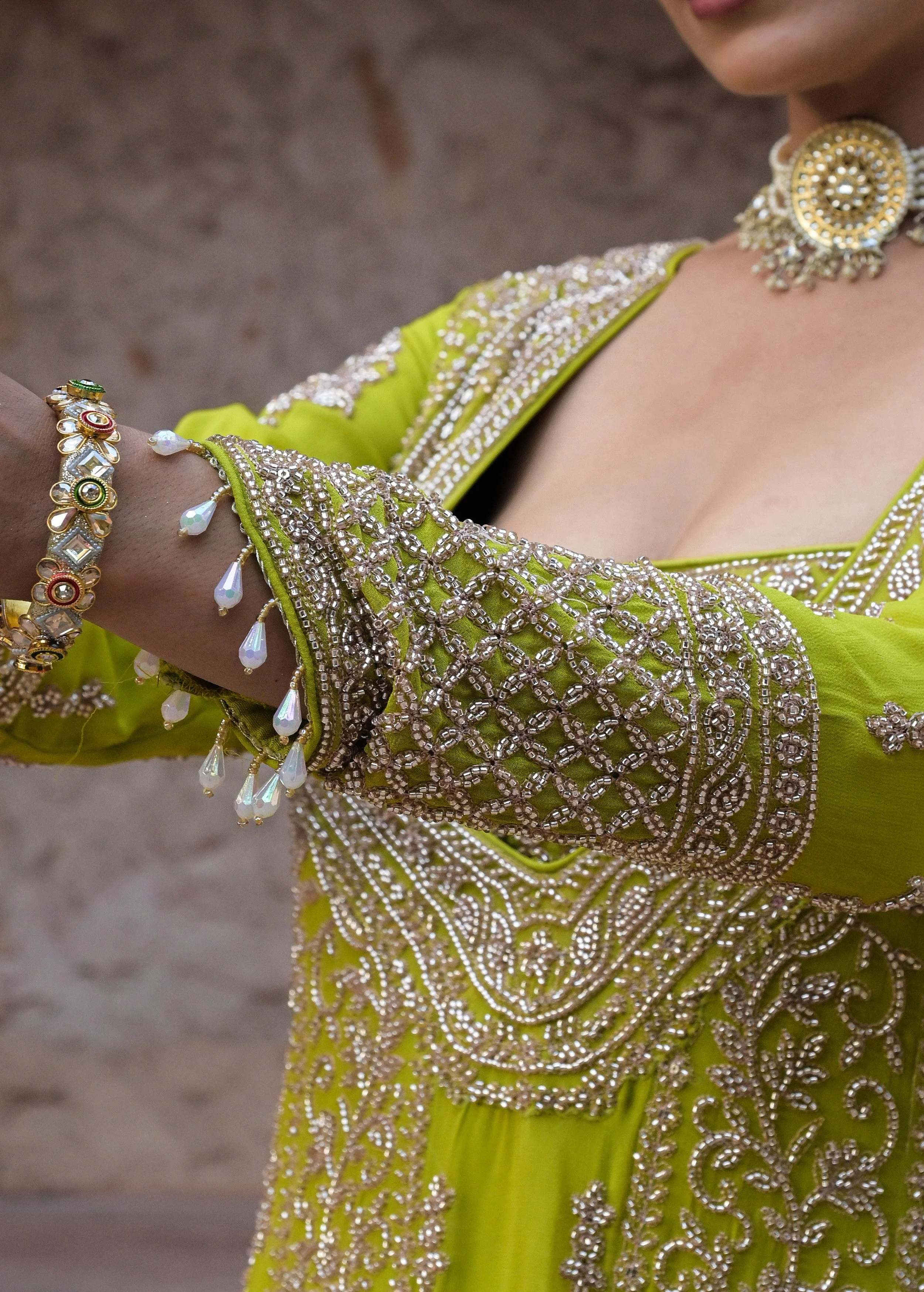 Lime Green Embellished Georgette Silk Palazzo Set - Image 3