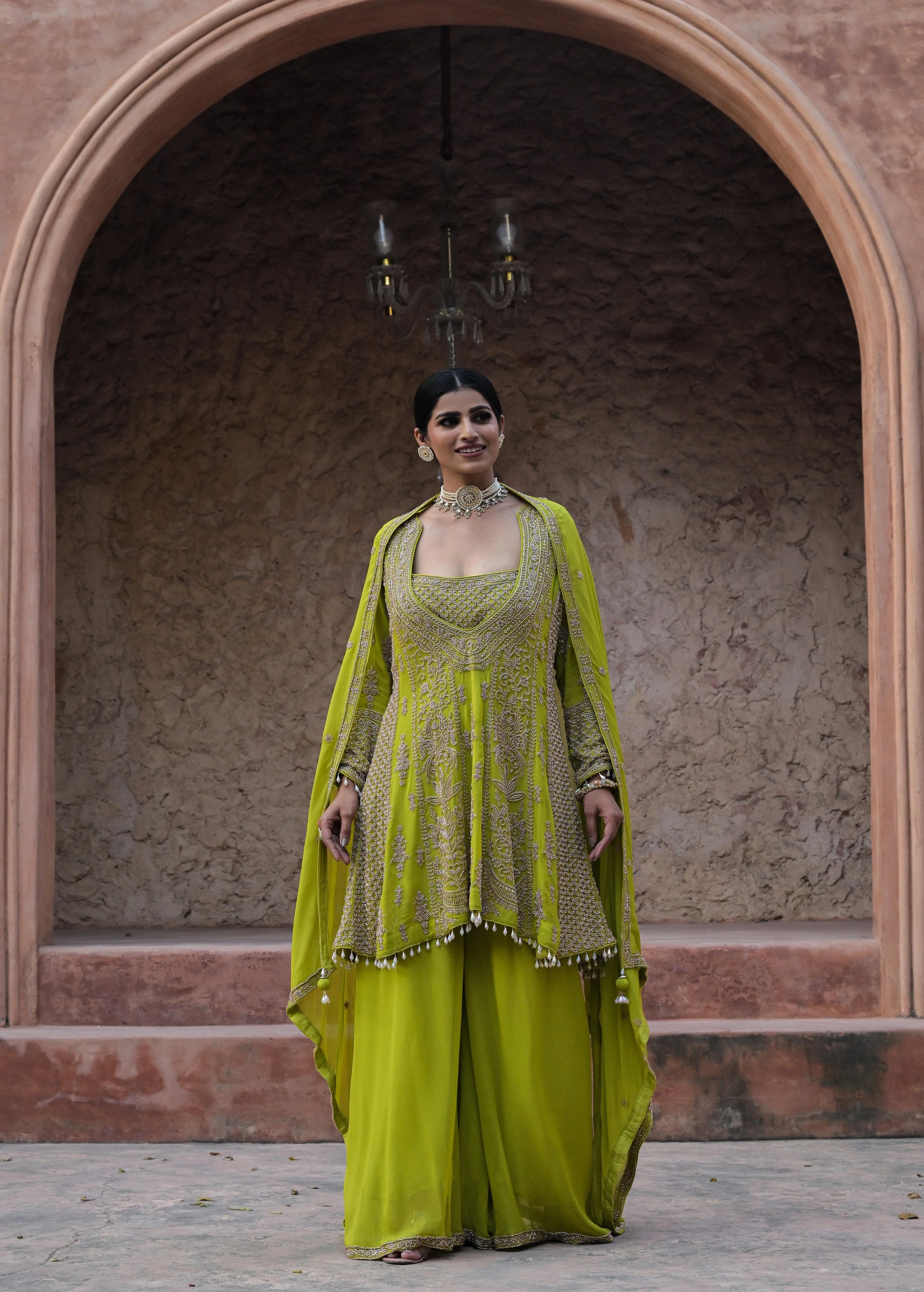 Lime Green Embellished Georgette Silk Palazzo Set - Image 4