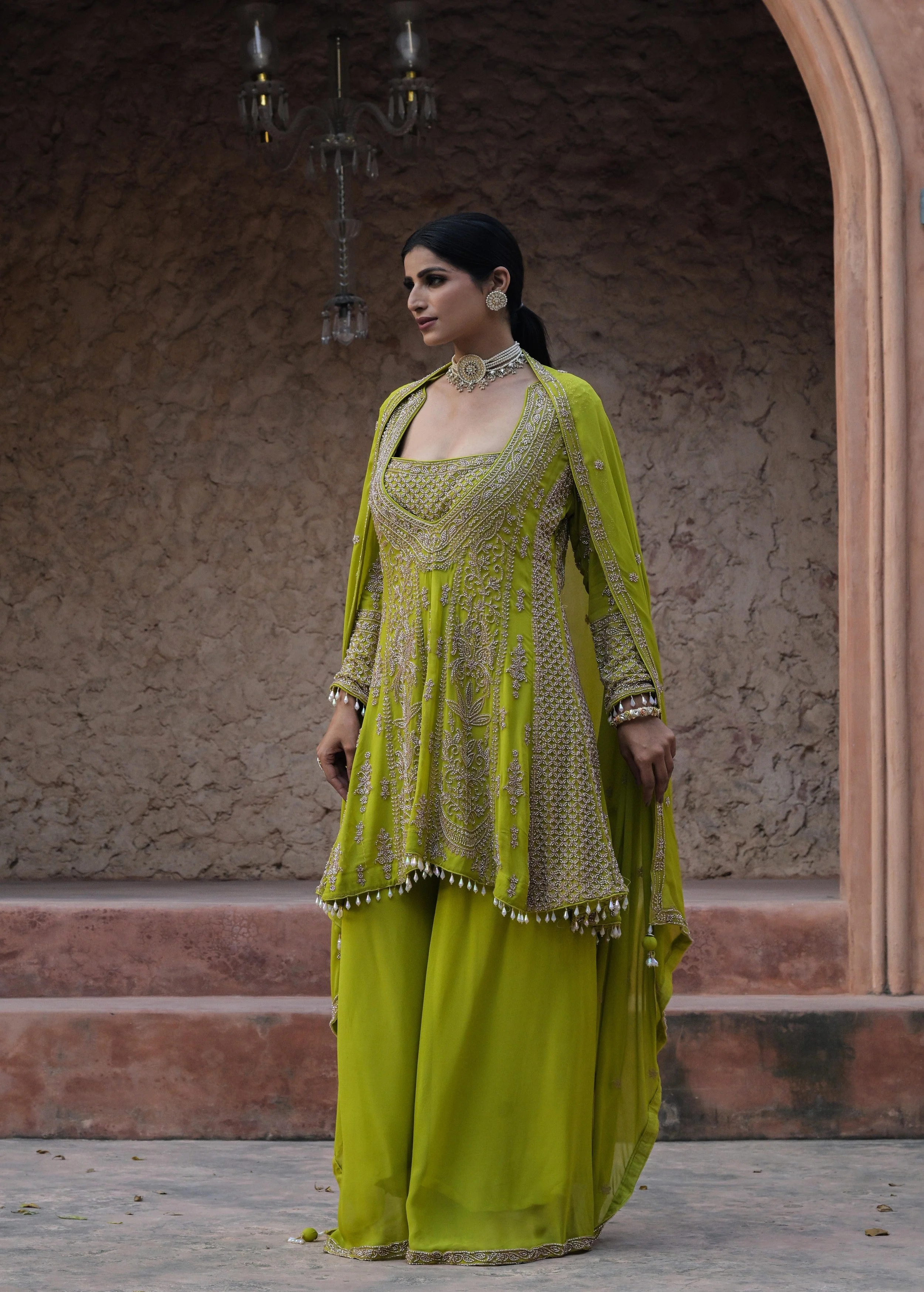 Lime Green Embellished Georgette Silk Palazzo Set - Image 5