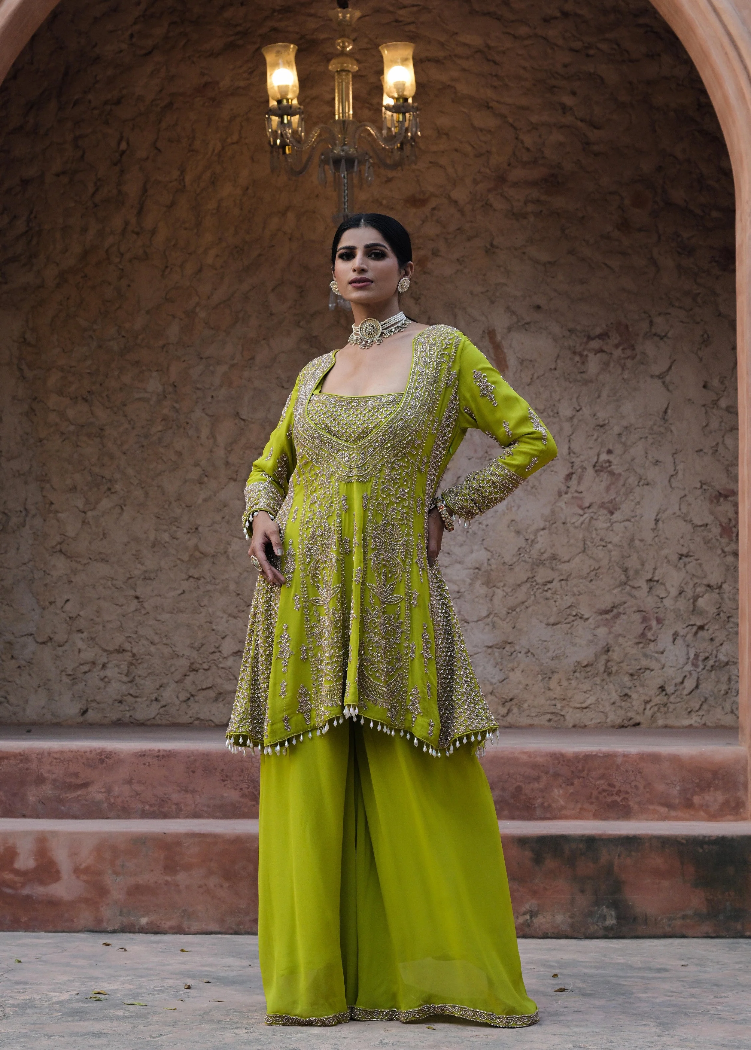 Lime Green Embellished Georgette Silk Palazzo Set - Image 6