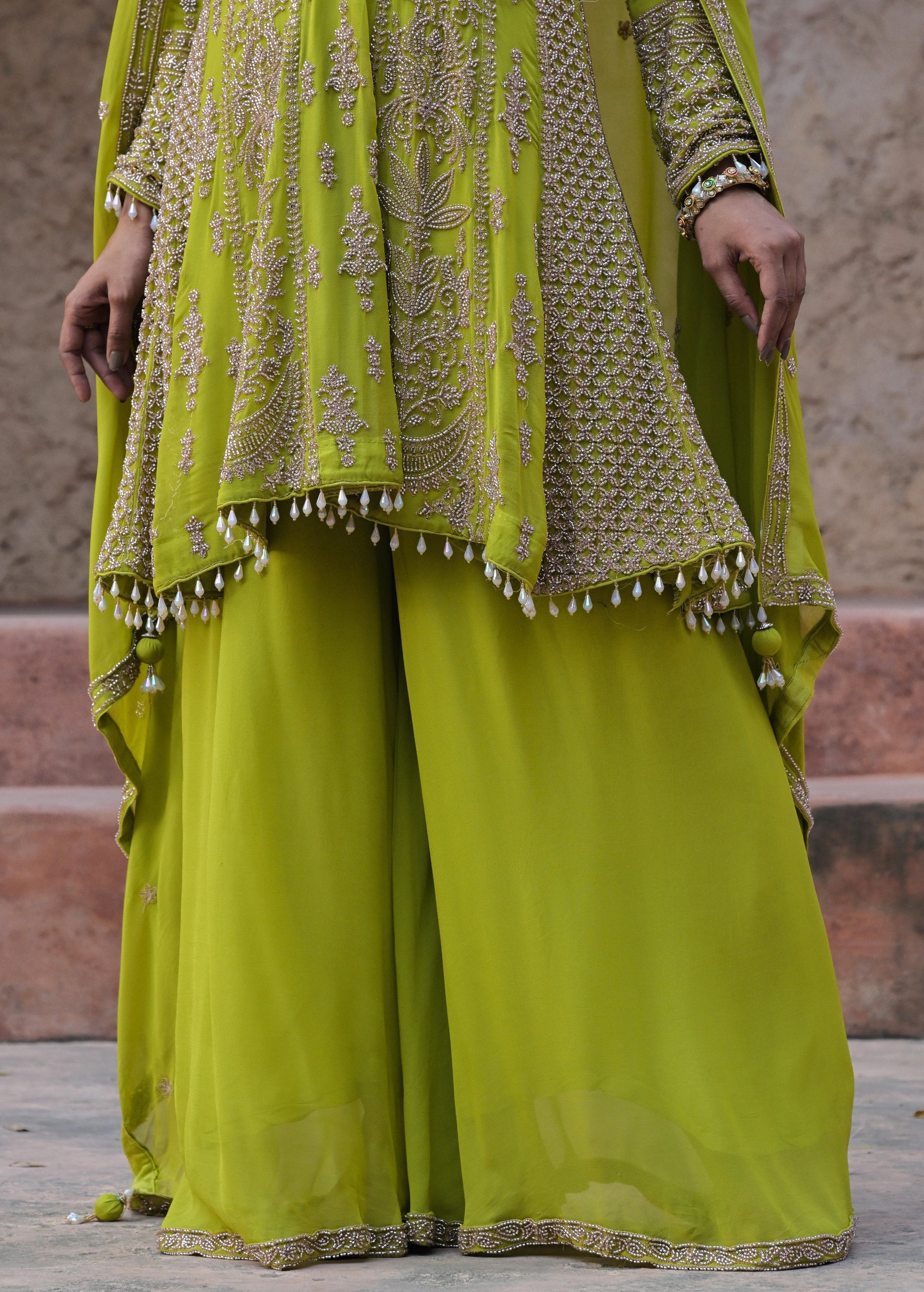 Lime Green Embellished Georgette Silk Palazzo Set - Image 7