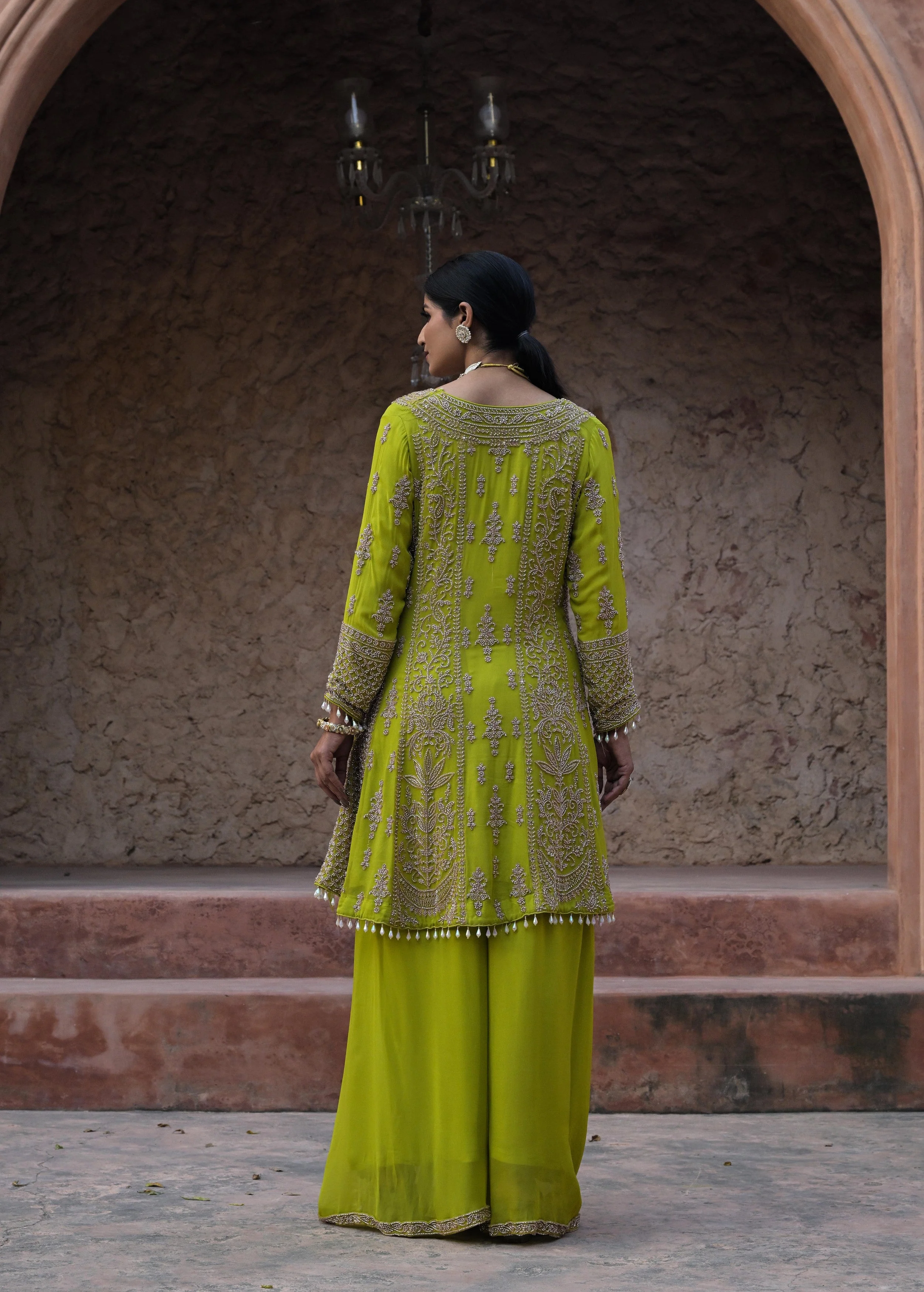 Lime Green Embellished Georgette Silk Palazzo Set - Image 8