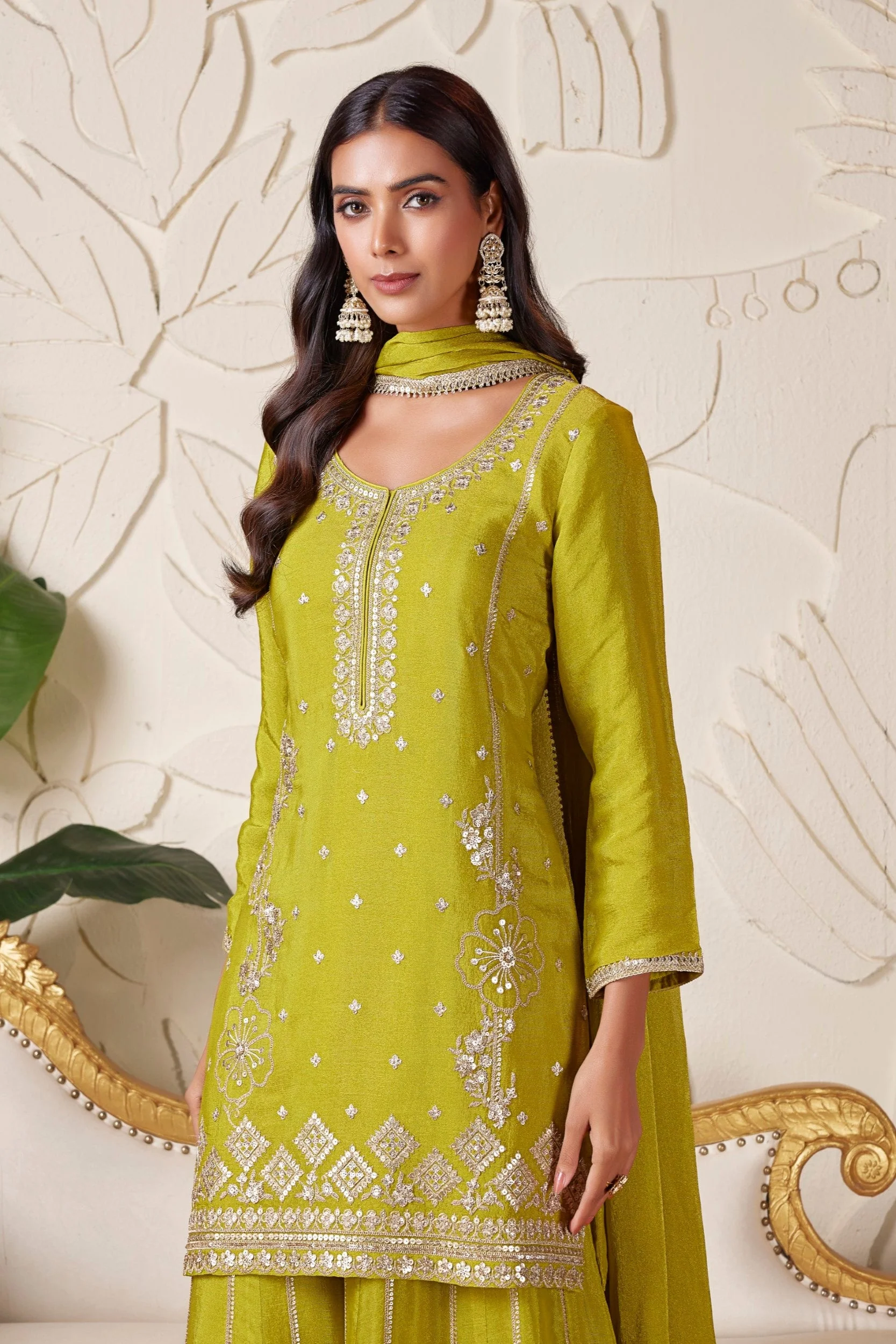 Lime Green Embellished Shimmer Tissue Silk Palazzo Set - Image 2