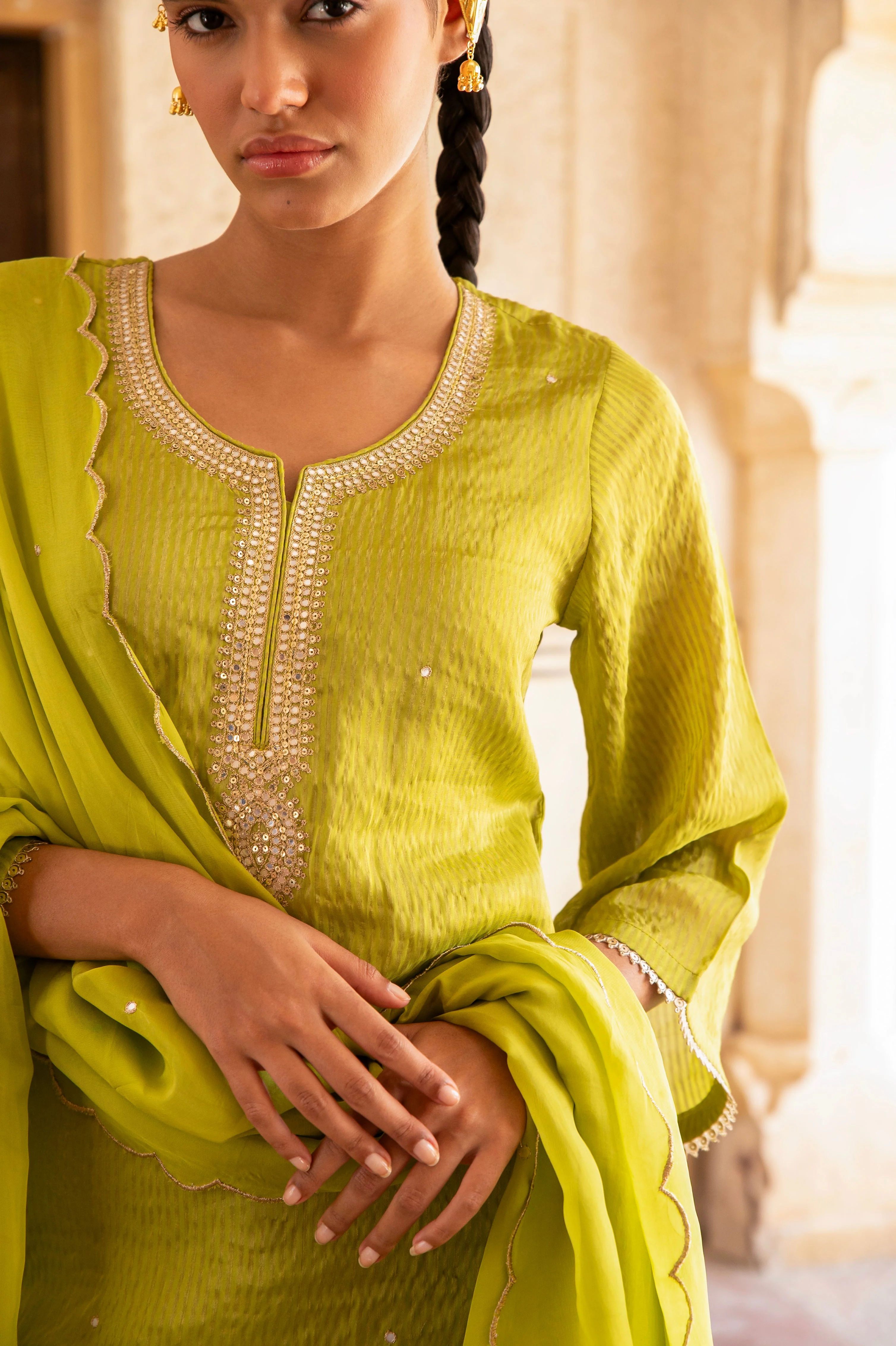 Lime Green Embellished Premium Silk Pant Set - Image 2
