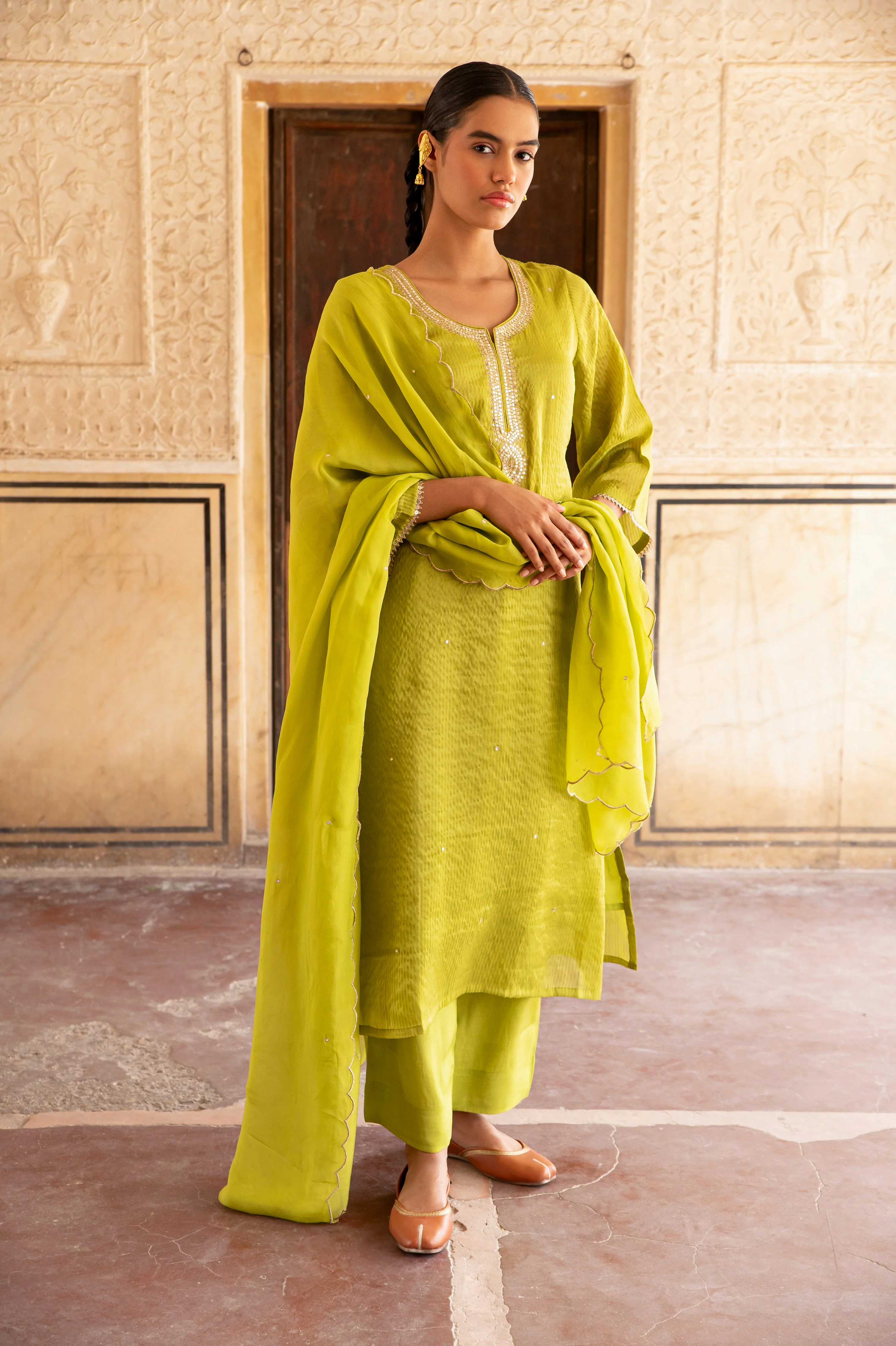 Lime Green Embellished Premium Silk Pant Set - Image 3