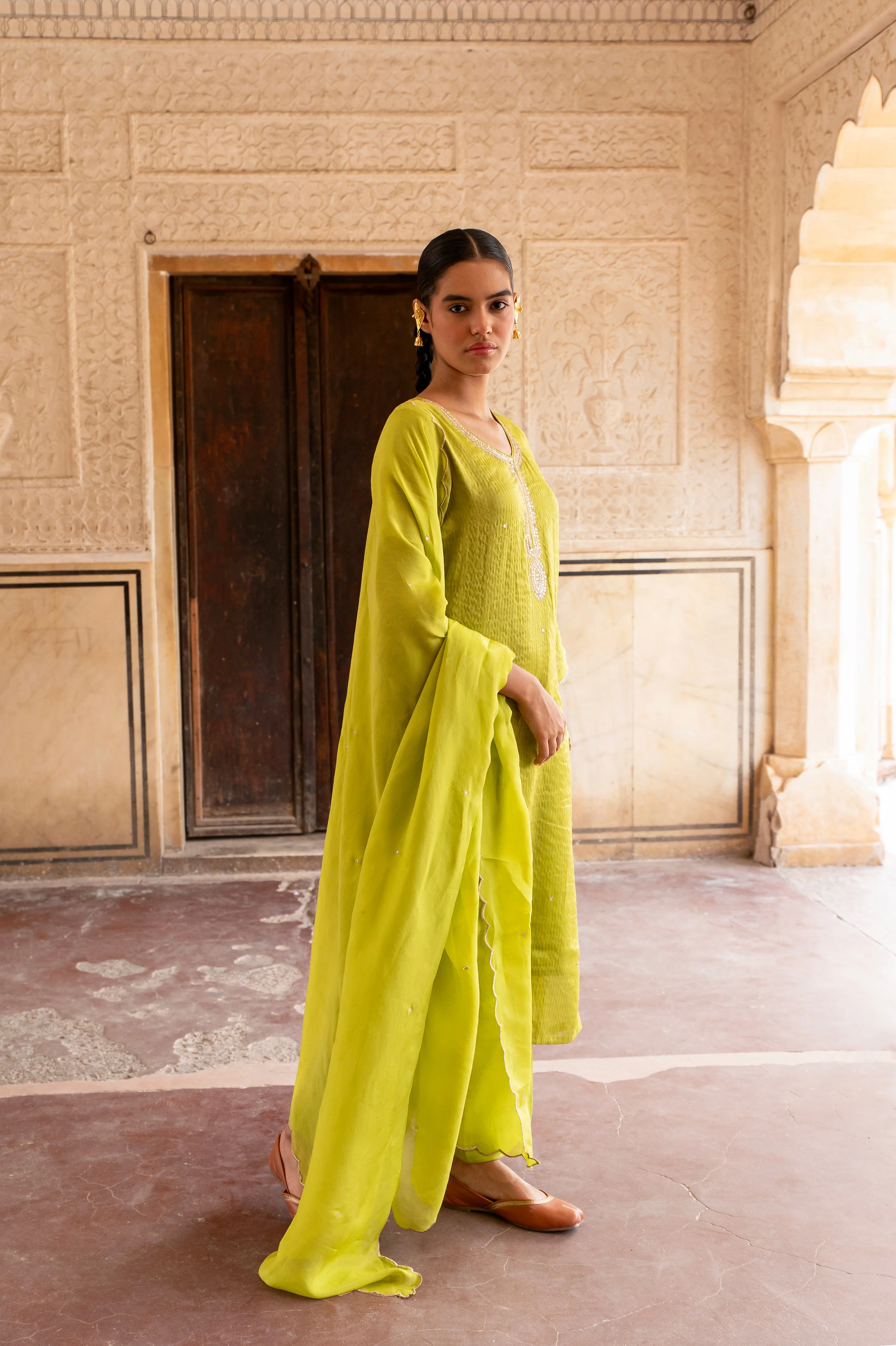 Lime Green Embellished Premium Silk Pant Set - Image 4