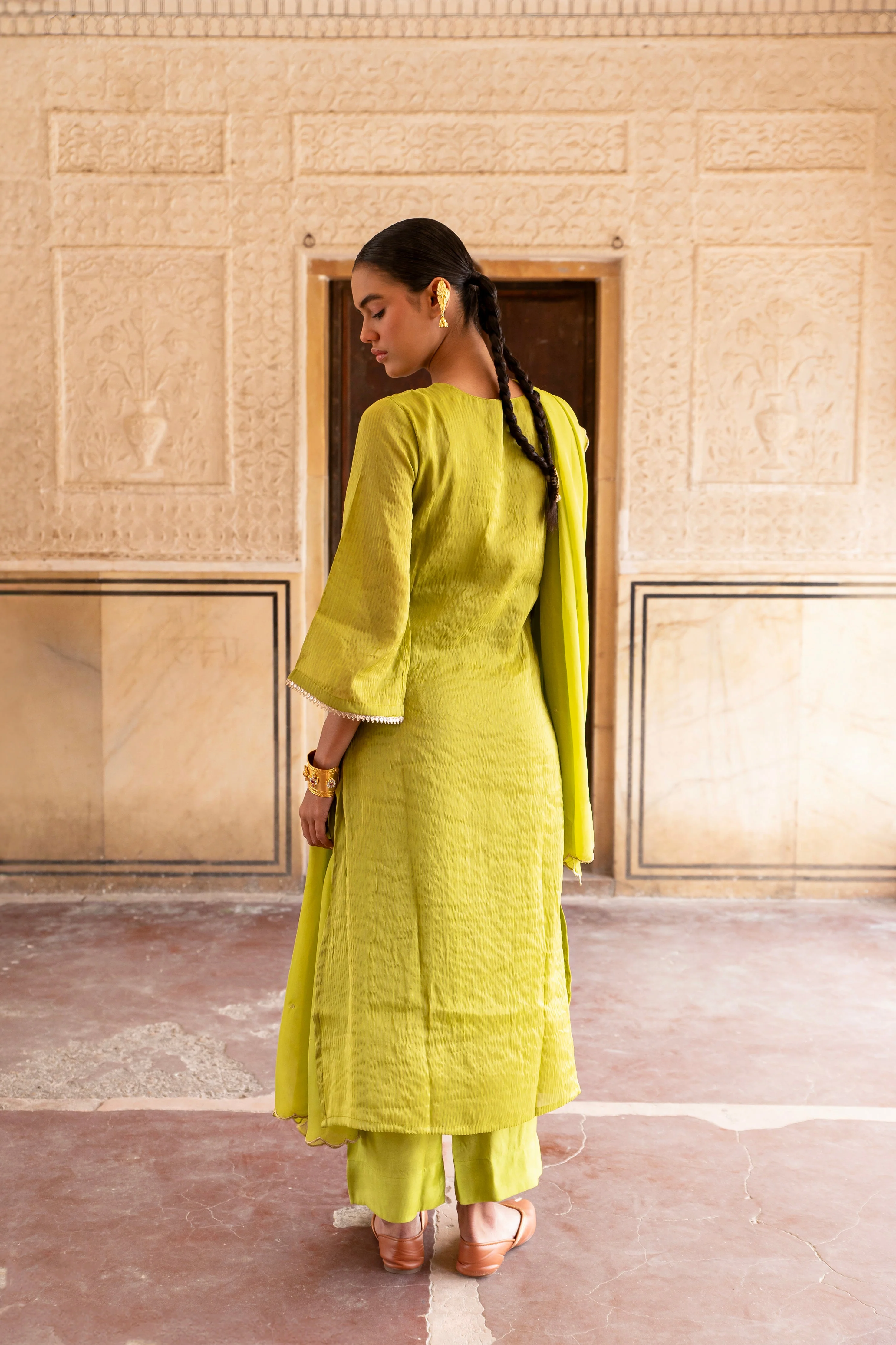 Lime Green Embellished Premium Silk Pant Set - Image 5