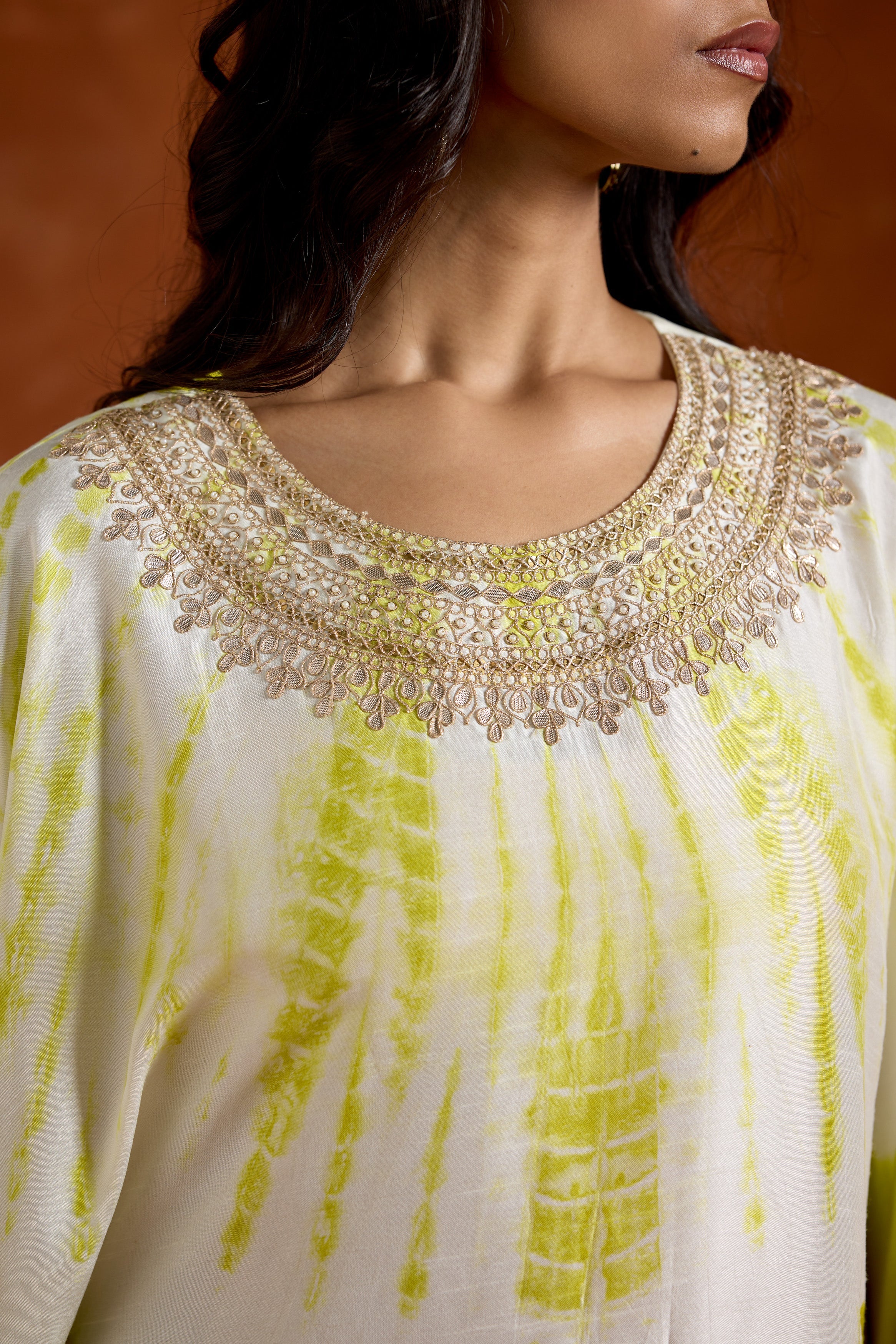 Lime green Embellished Raw Silk kaftan Set - Image 2