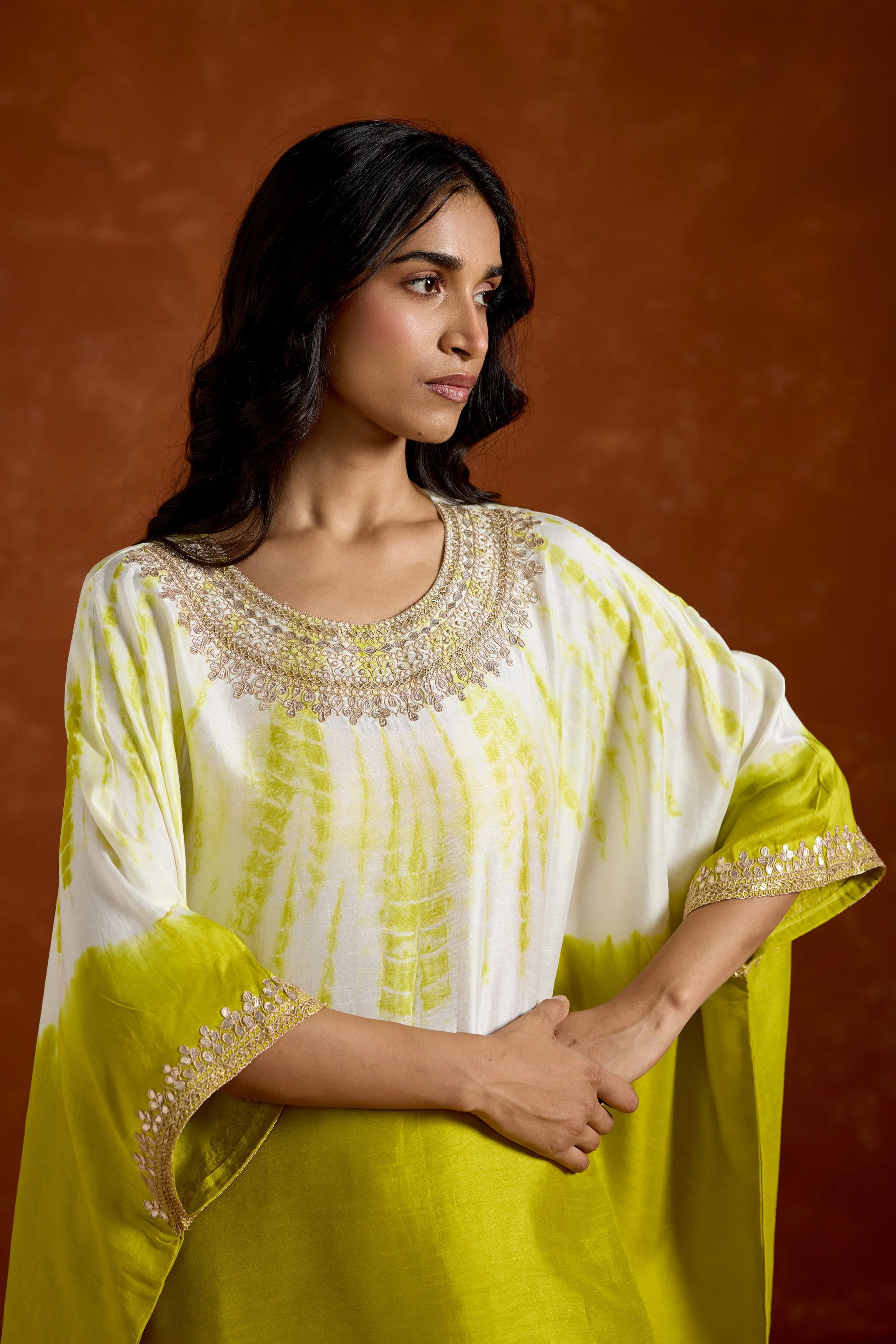 Lime green Embellished Raw Silk kaftan Set - Image 3