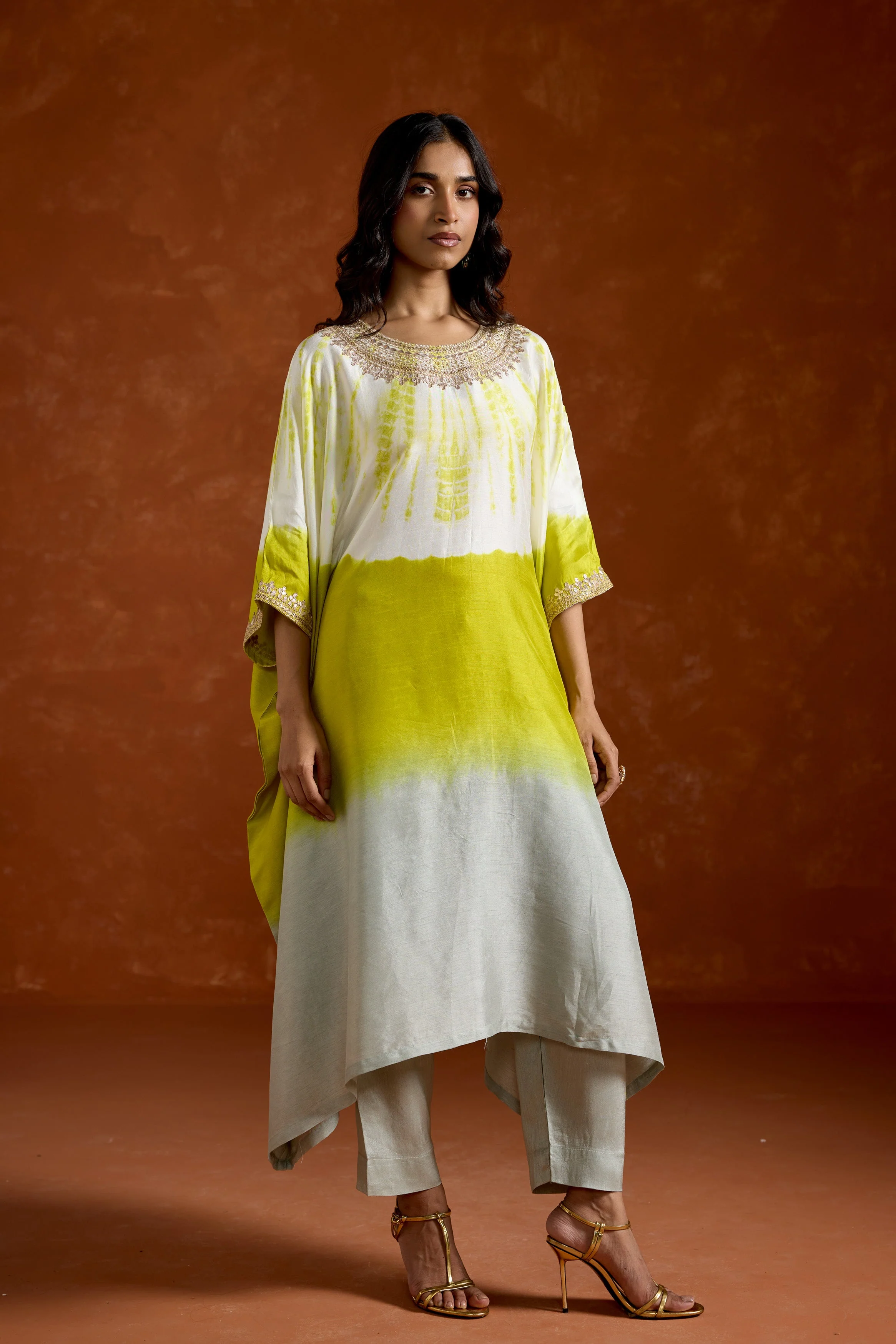 Lime green Embellished Raw Silk kaftan Set - Image 4
