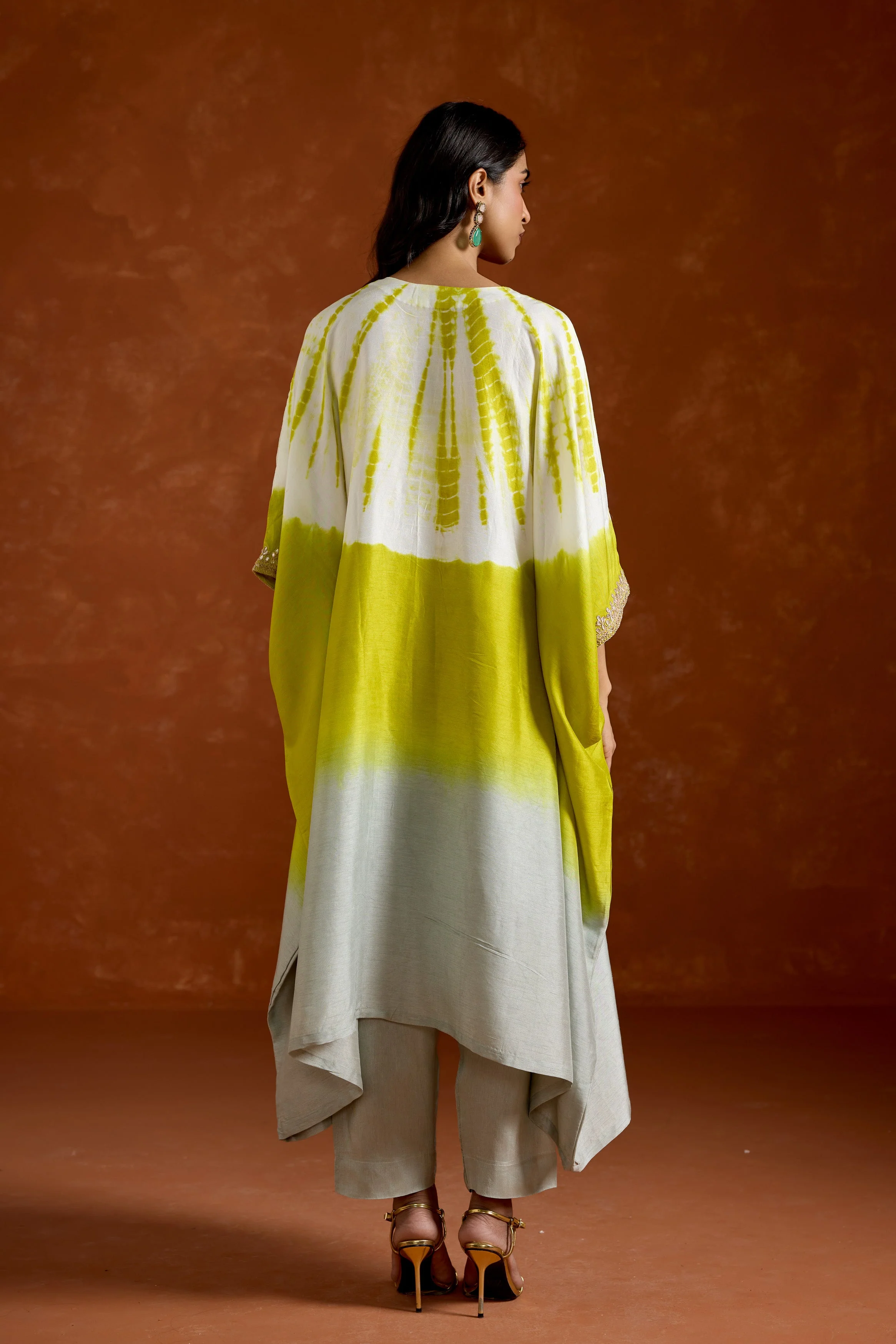 Lime green Embellished Raw Silk kaftan Set - Image 5