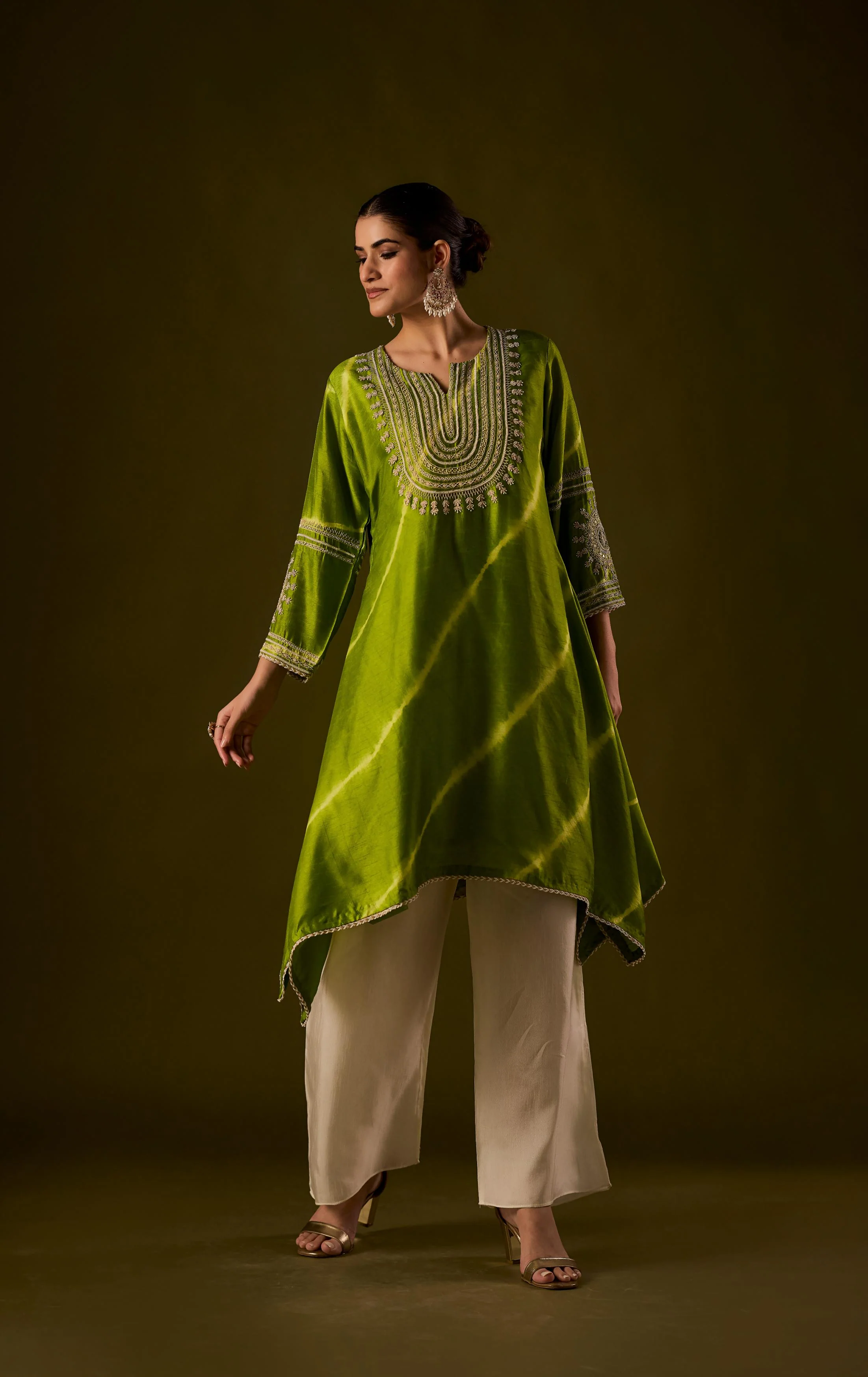 Lime Green Embellished Raw Silk Palazzo Set - Image 4