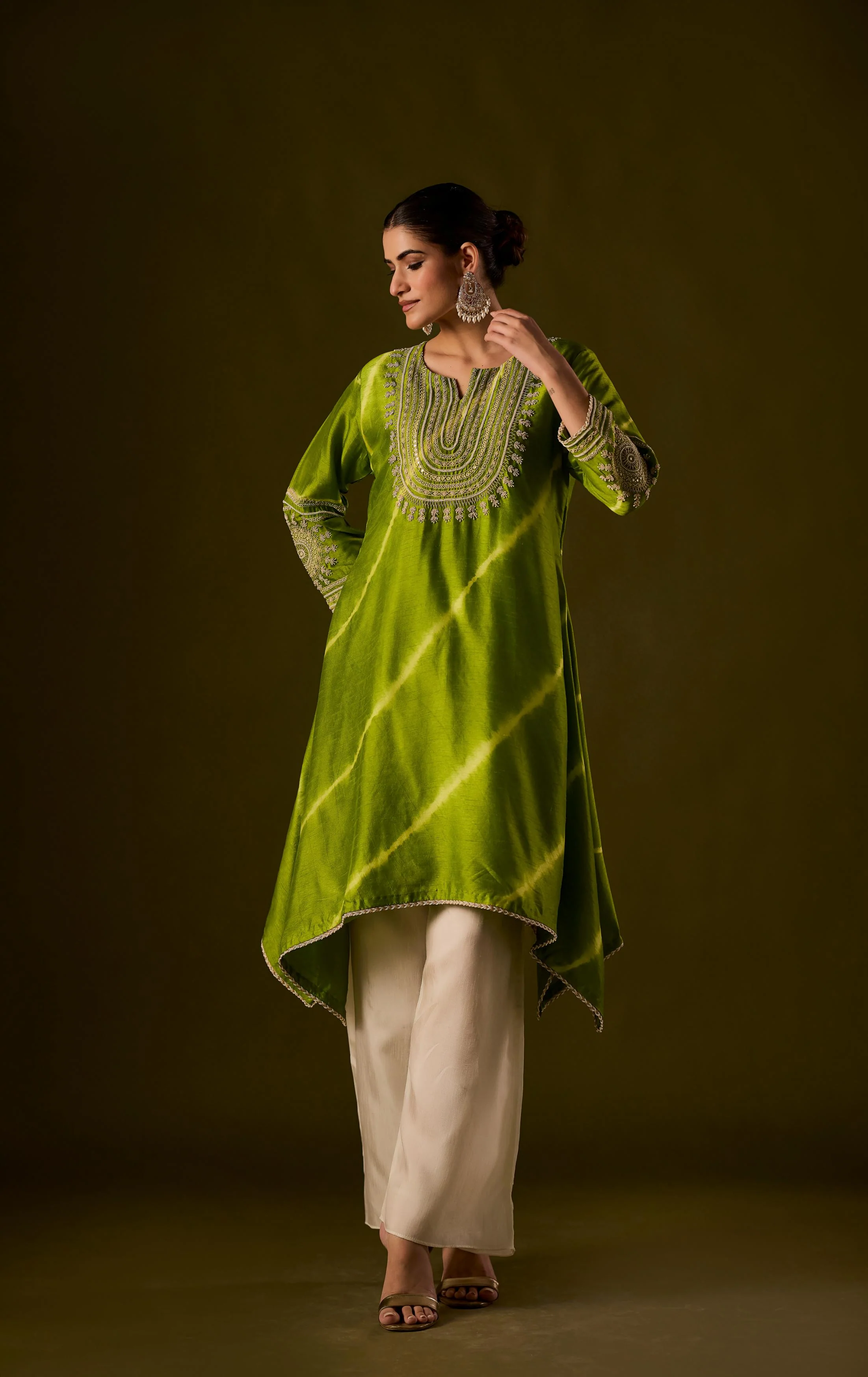 Lime Green Embellished Raw Silk Palazzo Set - Image 5