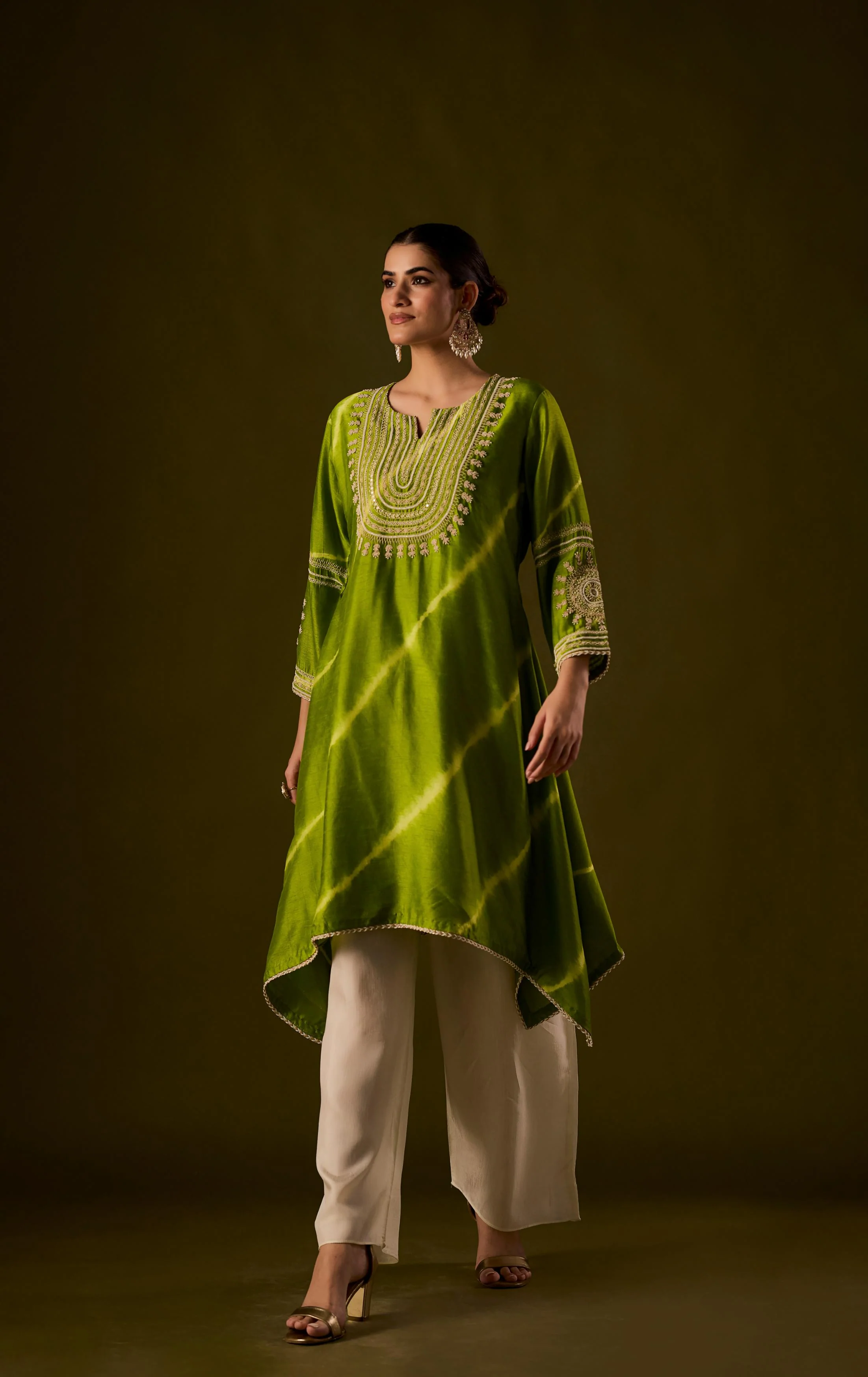 Lime Green Embellished Raw Silk Palazzo Set - Image 6