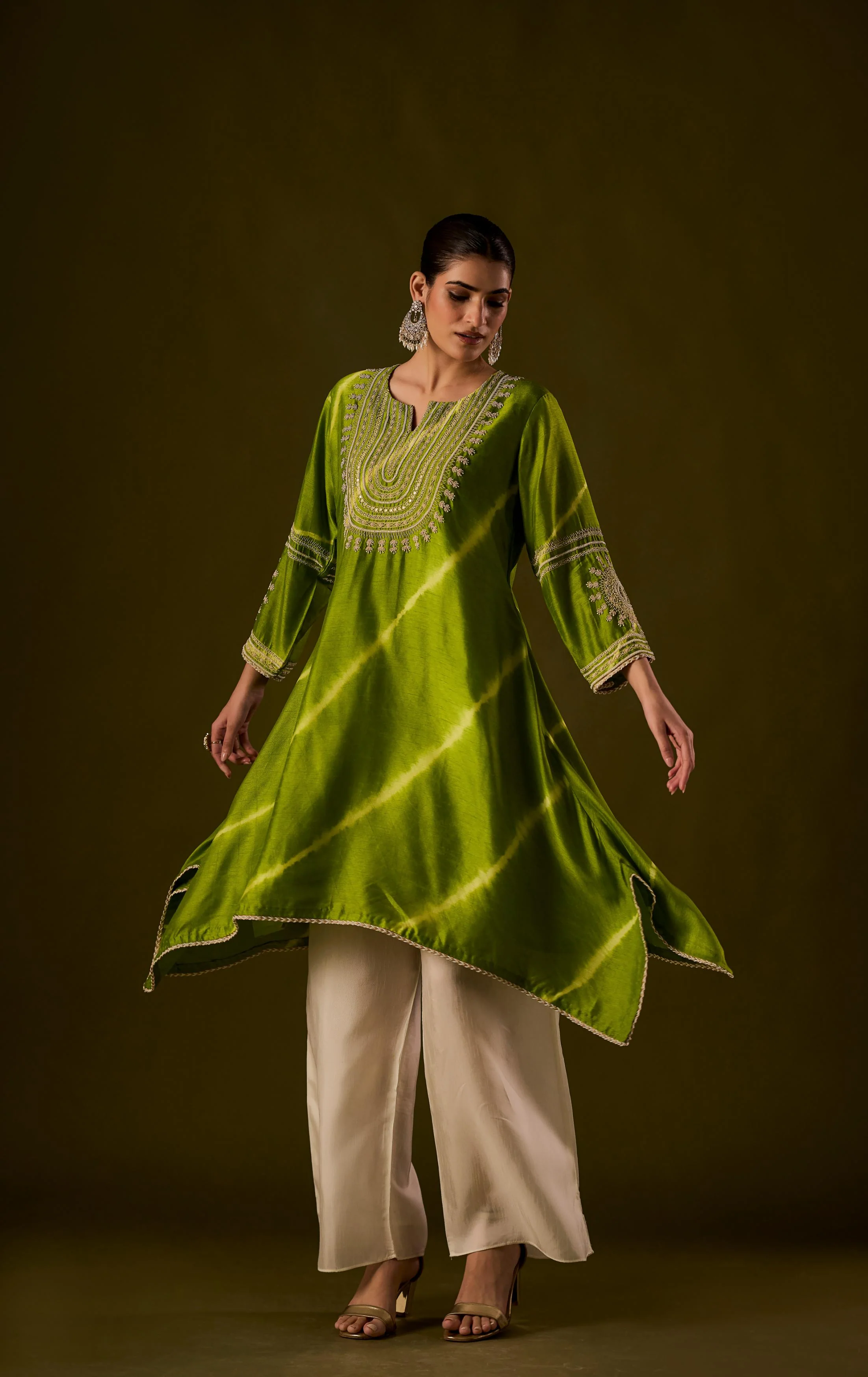 Lime Green Embellished Raw Silk Palazzo Set - Image 7