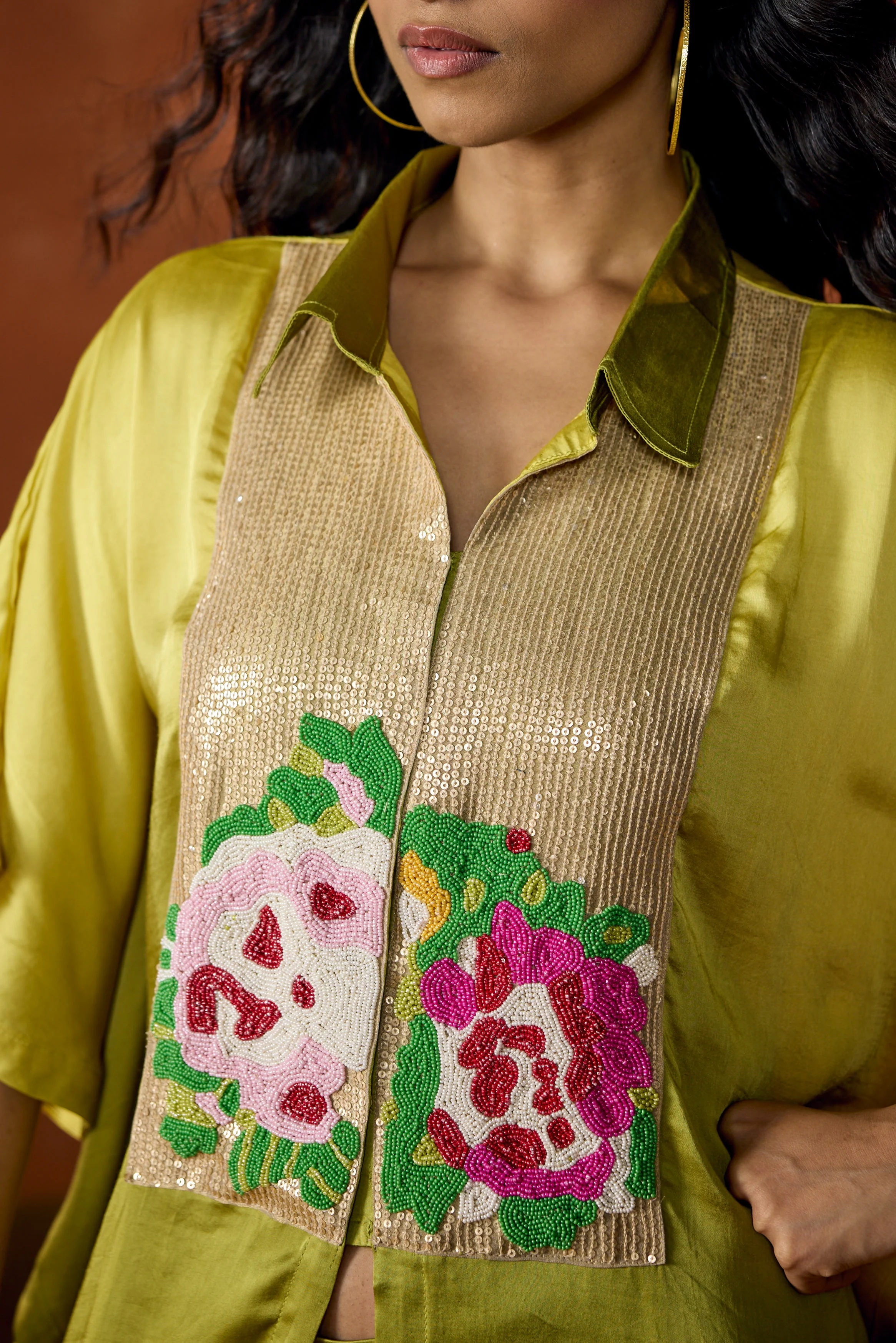 Lime Green Embellished Satin Silk Kaftan Set - Image 2