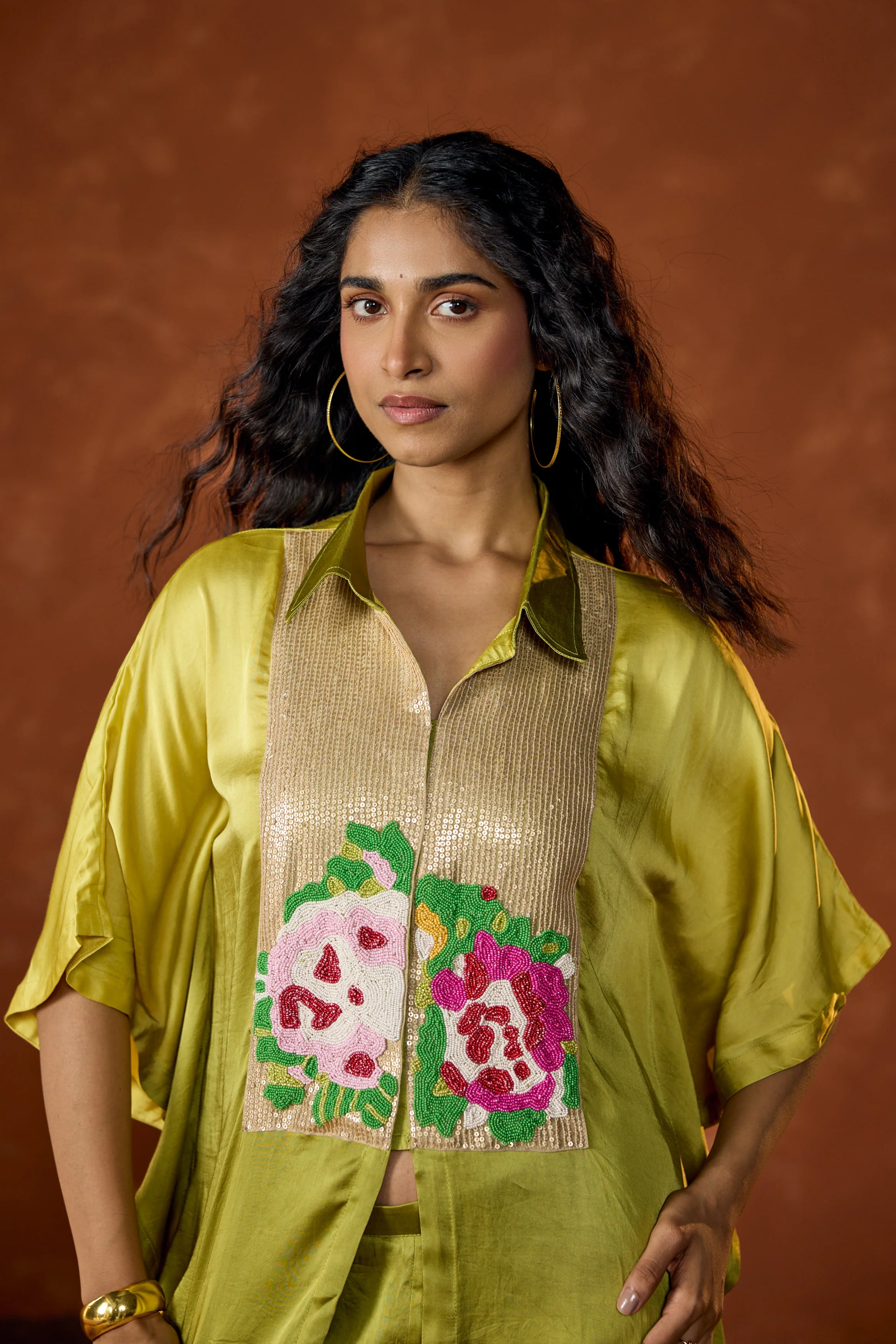 Lime Green Embellished Satin Silk Kaftan Set - Image 3