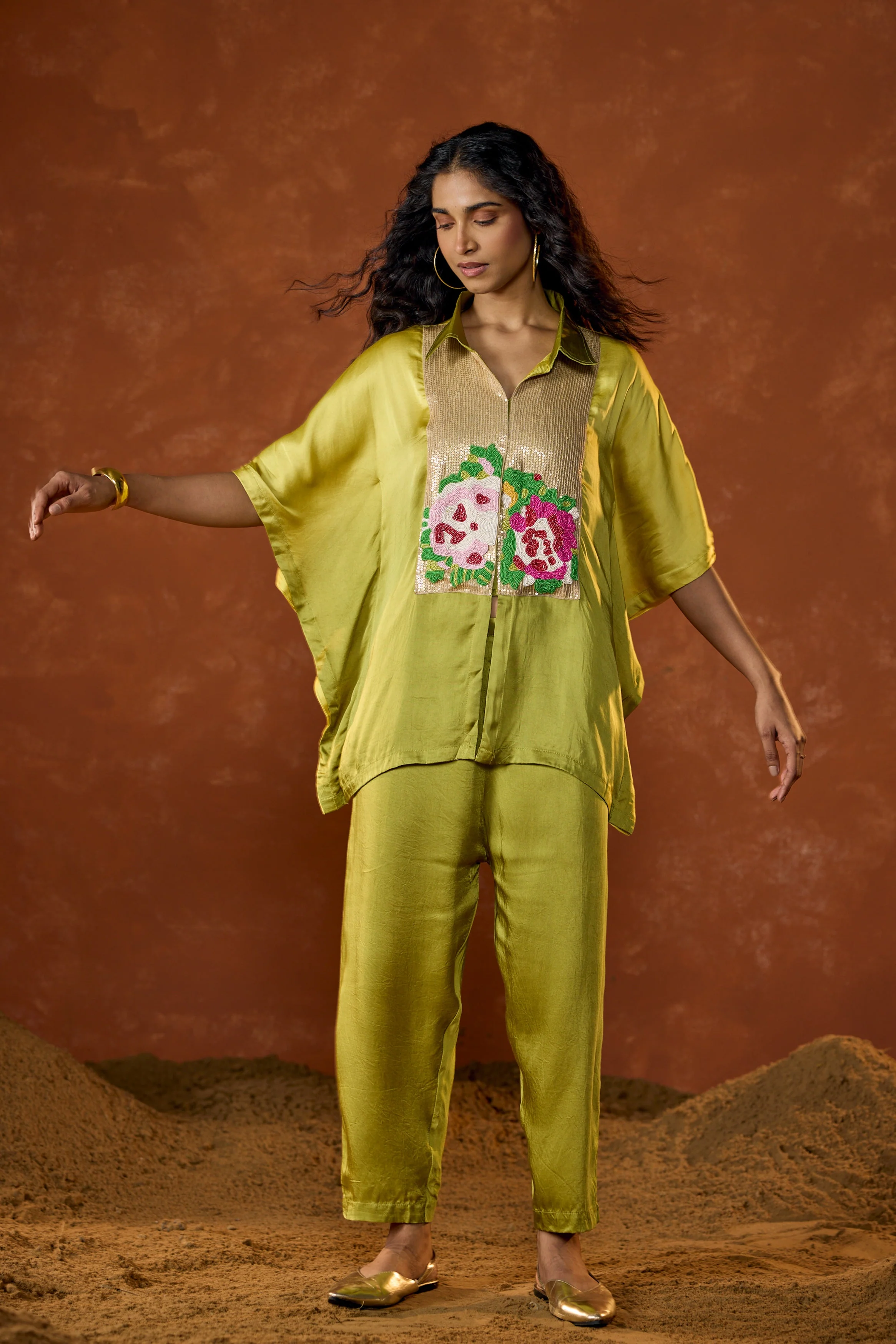 Lime Green Embellished Satin Silk Kaftan Set - Image 4