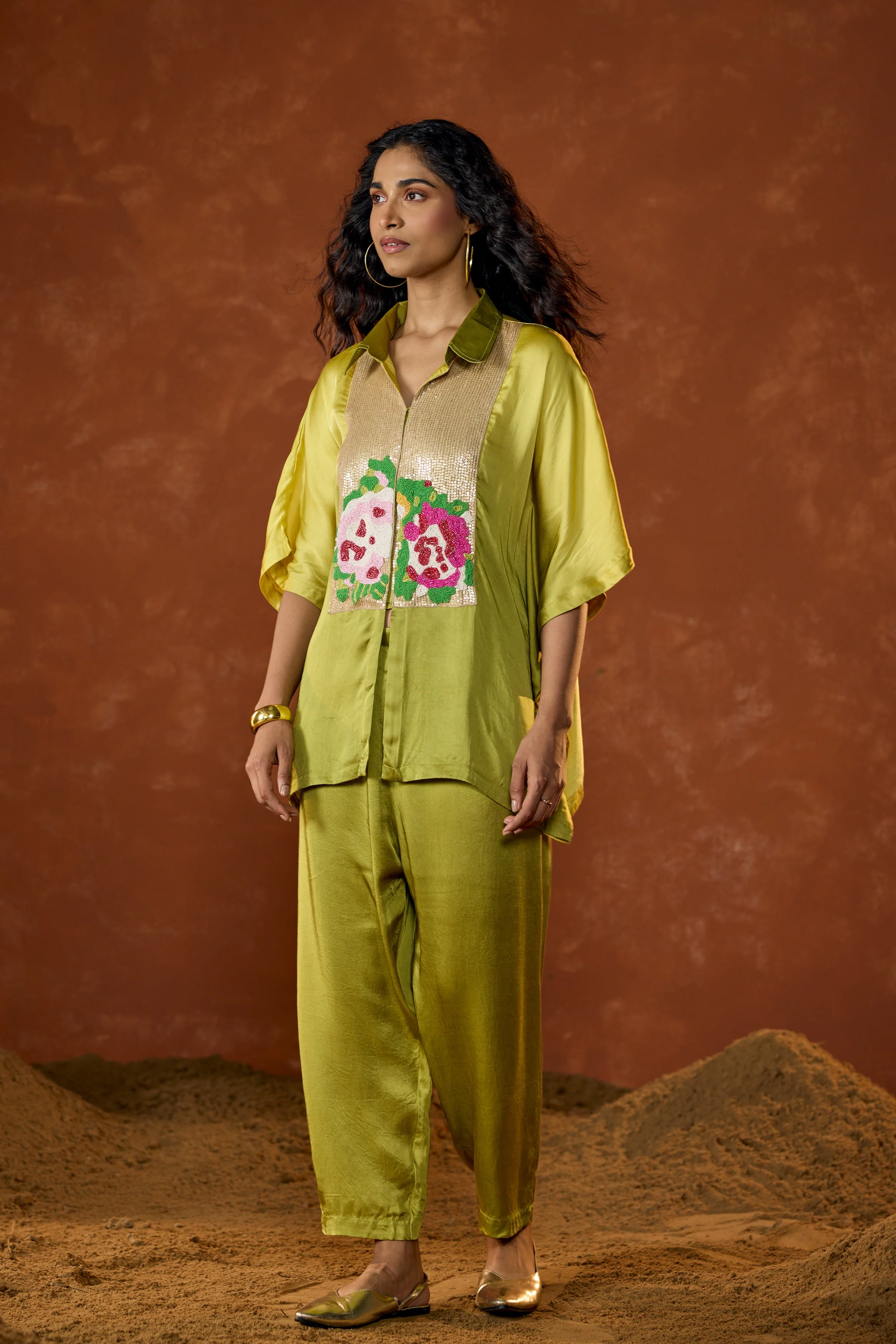 Lime Green Embellished Satin Silk Kaftan Set - Image 5