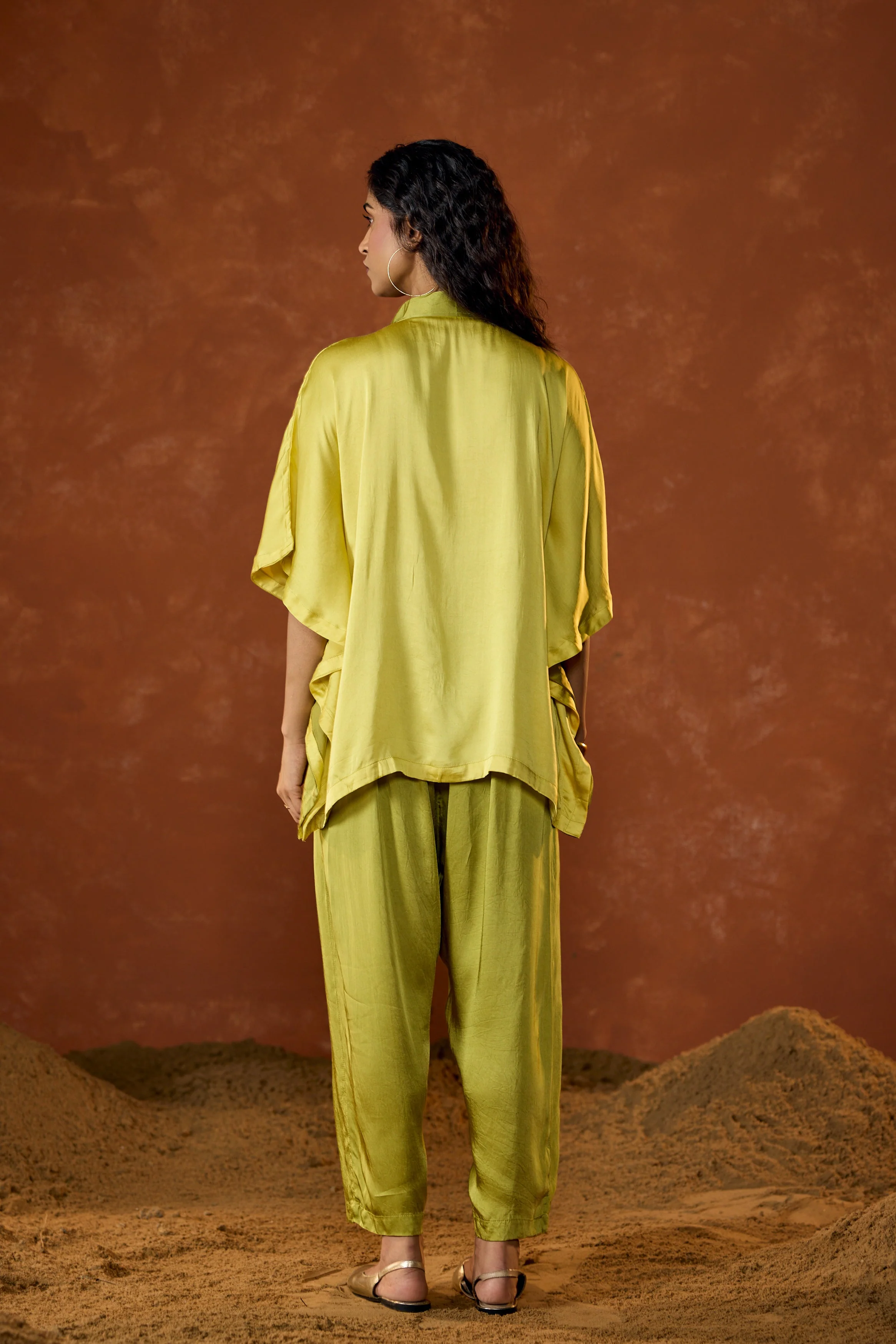 Lime Green Embellished Satin Silk Kaftan Set - Image 6
