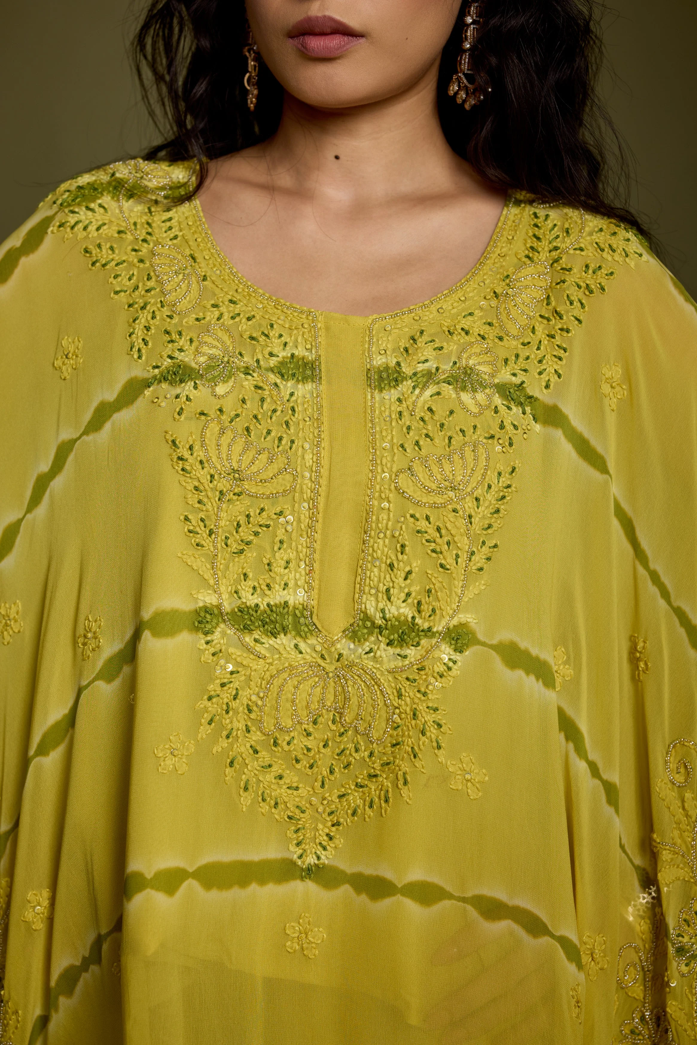 Lime Green Embroidered Georgette Silk Kaftan Set - Image 2