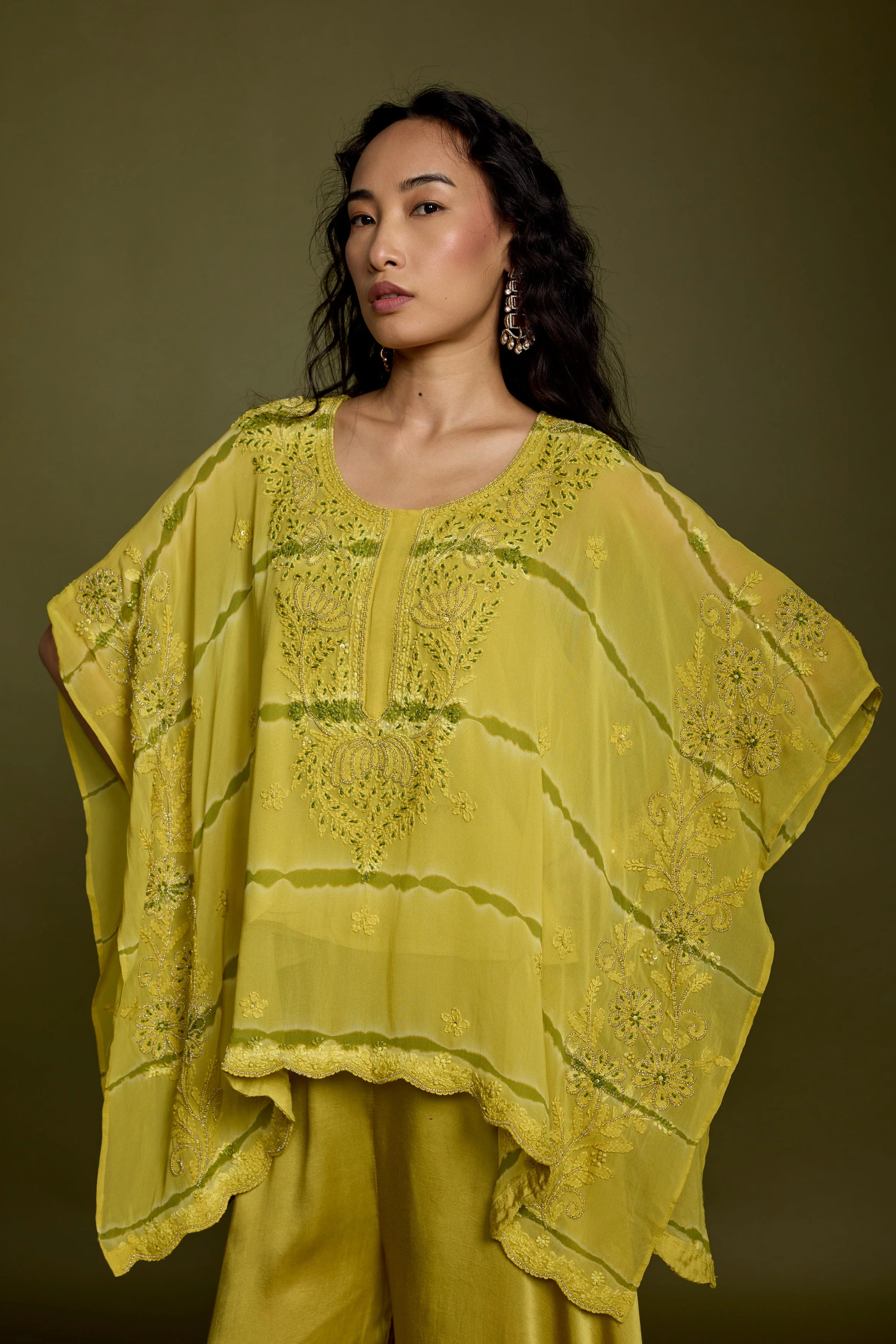 Lime Green Embroidered Georgette Silk Kaftan Set - Image 3