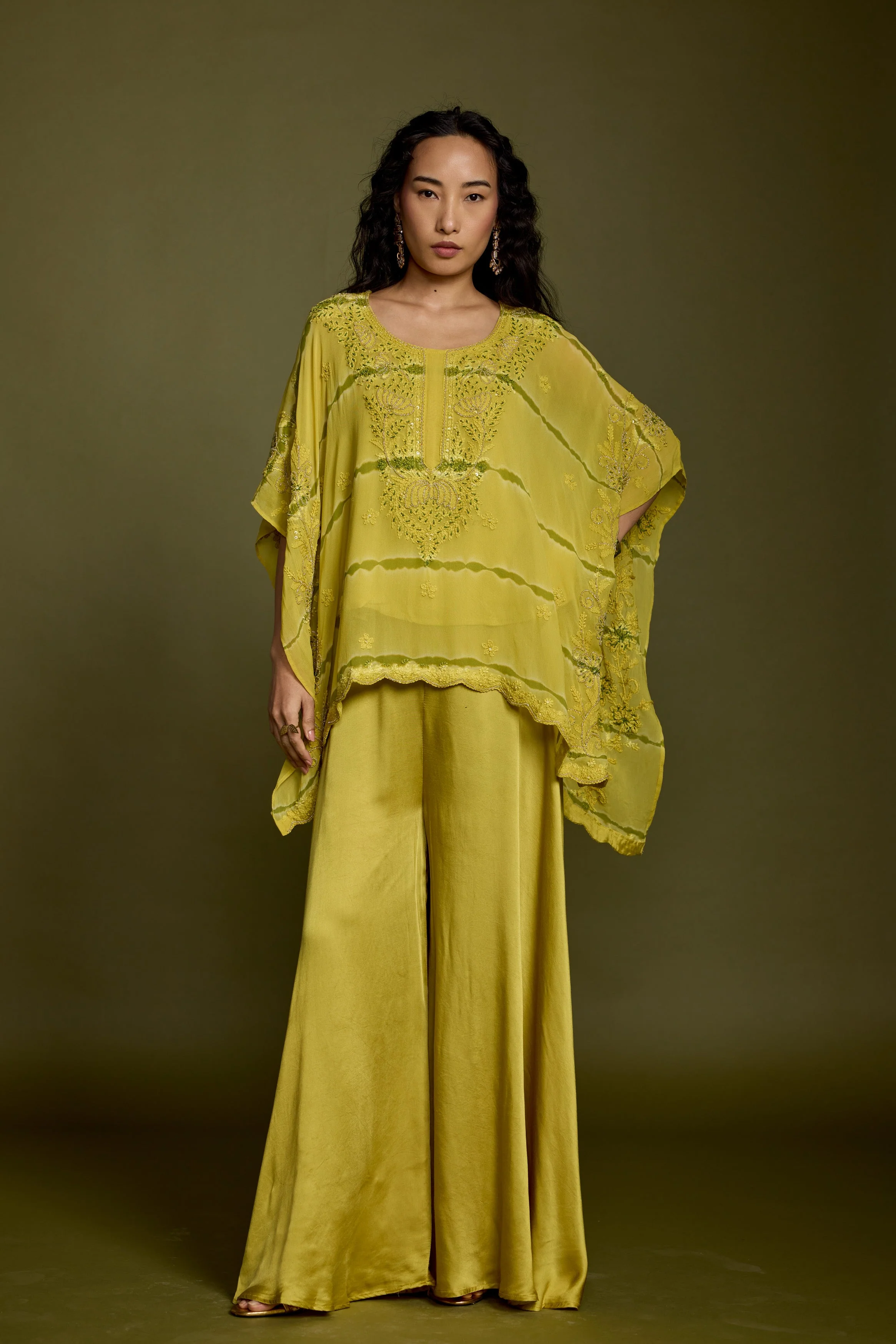Lime Green Embroidered Georgette Silk Kaftan Set - Image 4