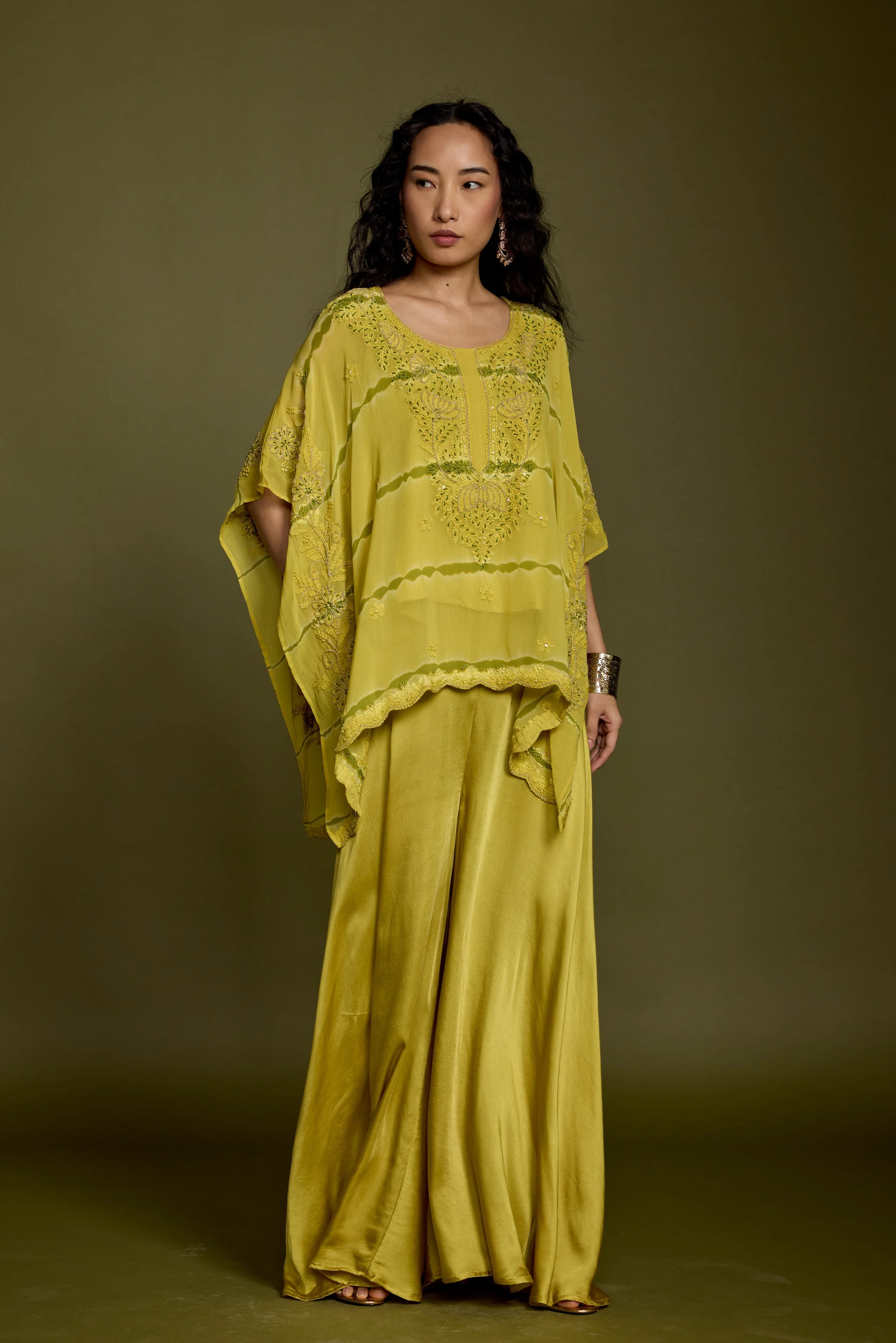 Lime Green Embroidered Georgette Silk Kaftan Set - Image 5