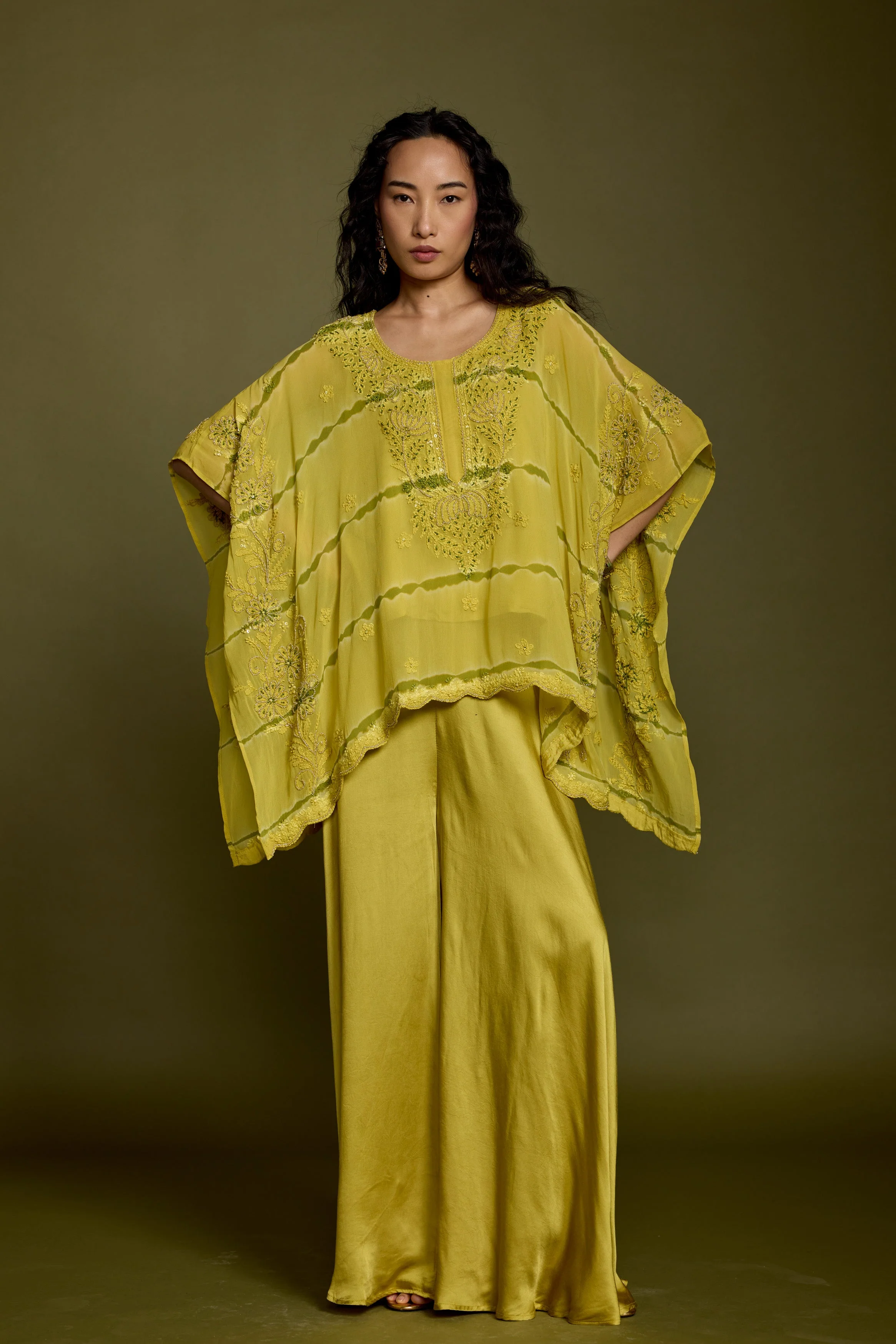 Lime Green Embroidered Georgette Silk Kaftan Set - Image 6