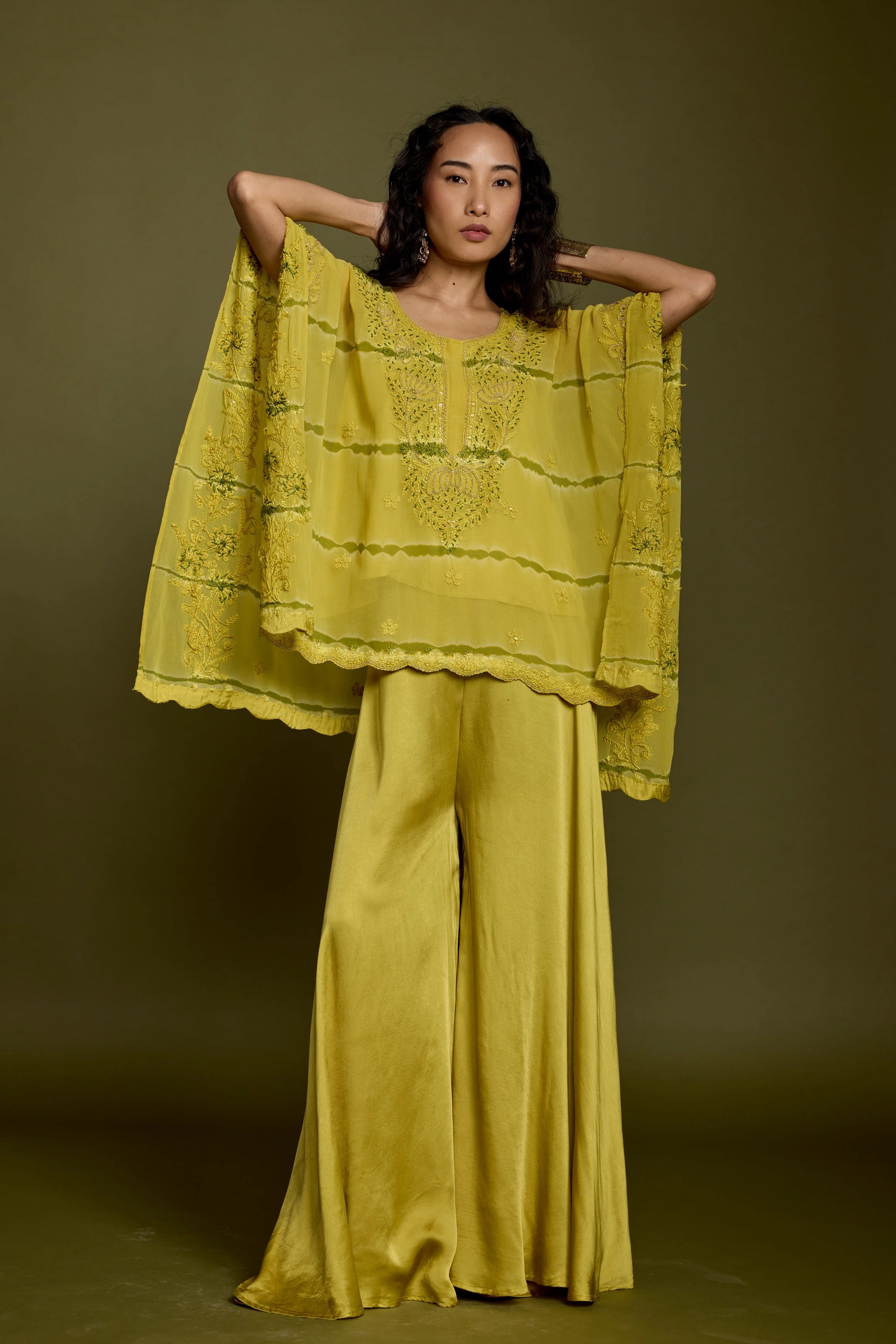 Lime Green Embroidered Georgette Silk Kaftan Set - Image 7