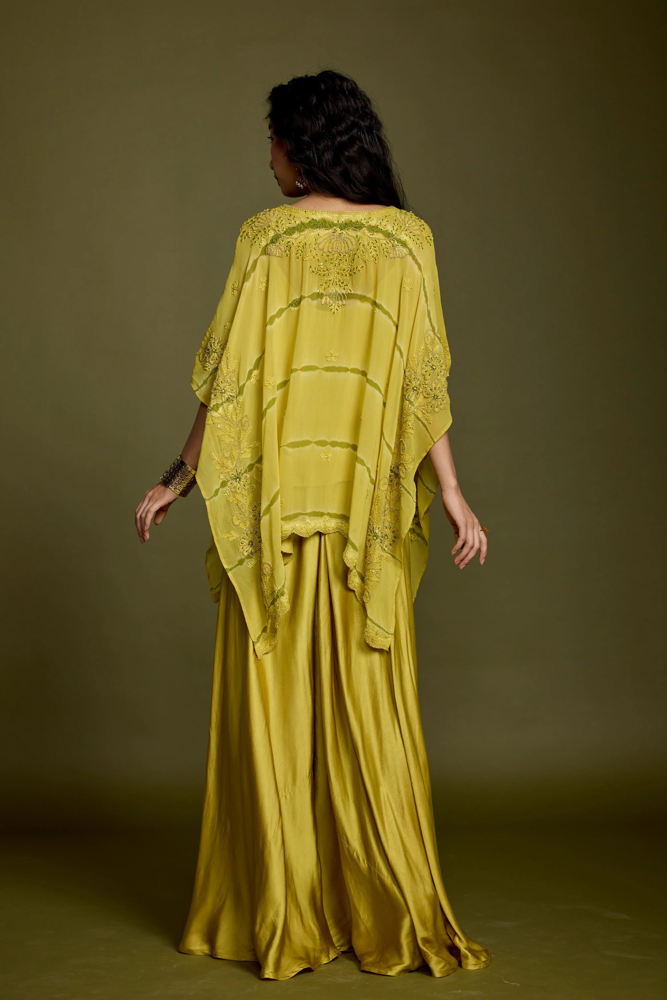 Lime Green Embroidered Georgette Silk Kaftan Set - Image 8