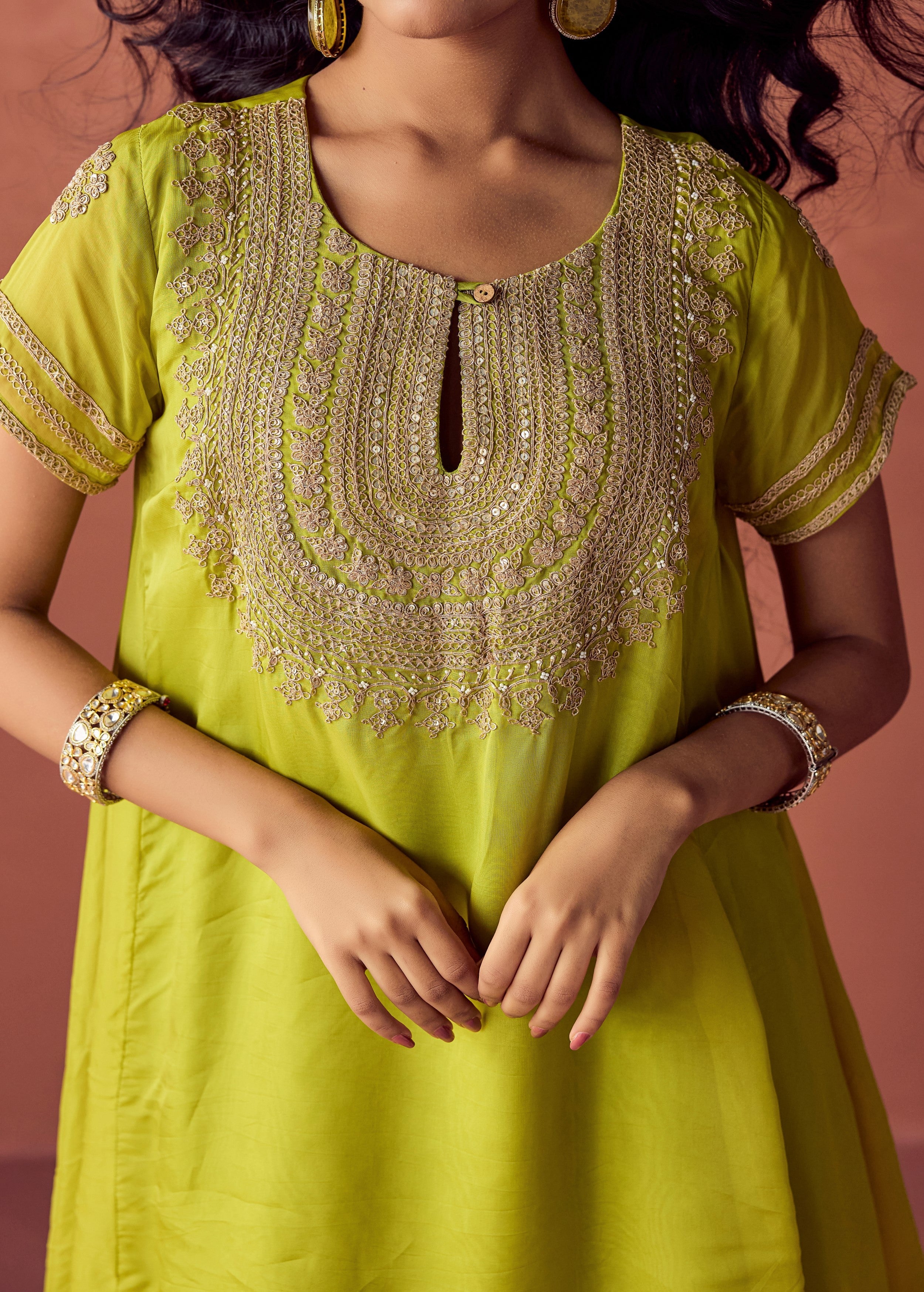 Lime Green Embroidered Organza Silk Skirt Set - Image 2
