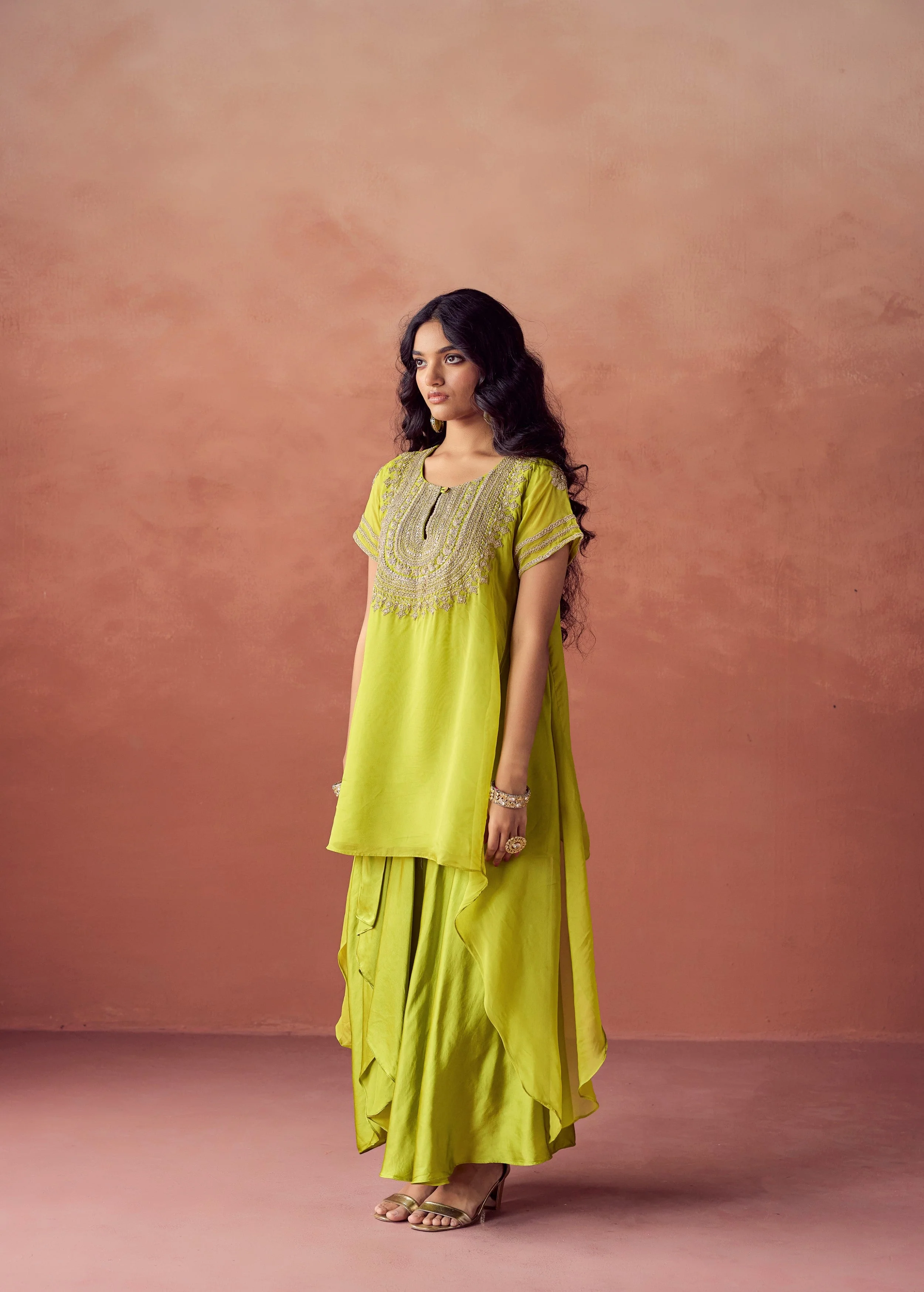 Lime Green Embroidered Organza Silk Skirt Set - Image 4