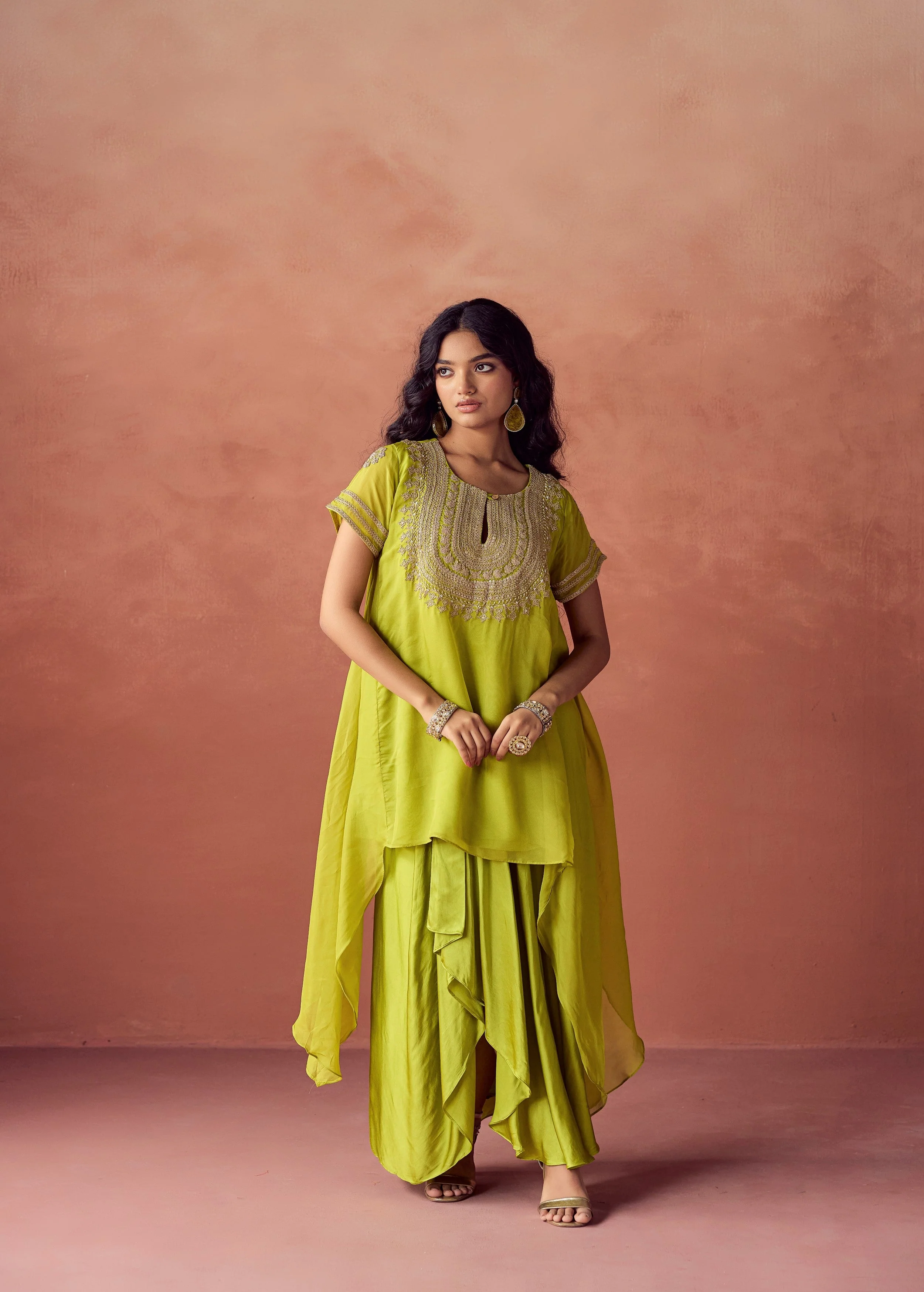 Lime Green Embroidered Organza Silk Skirt Set - Image 5
