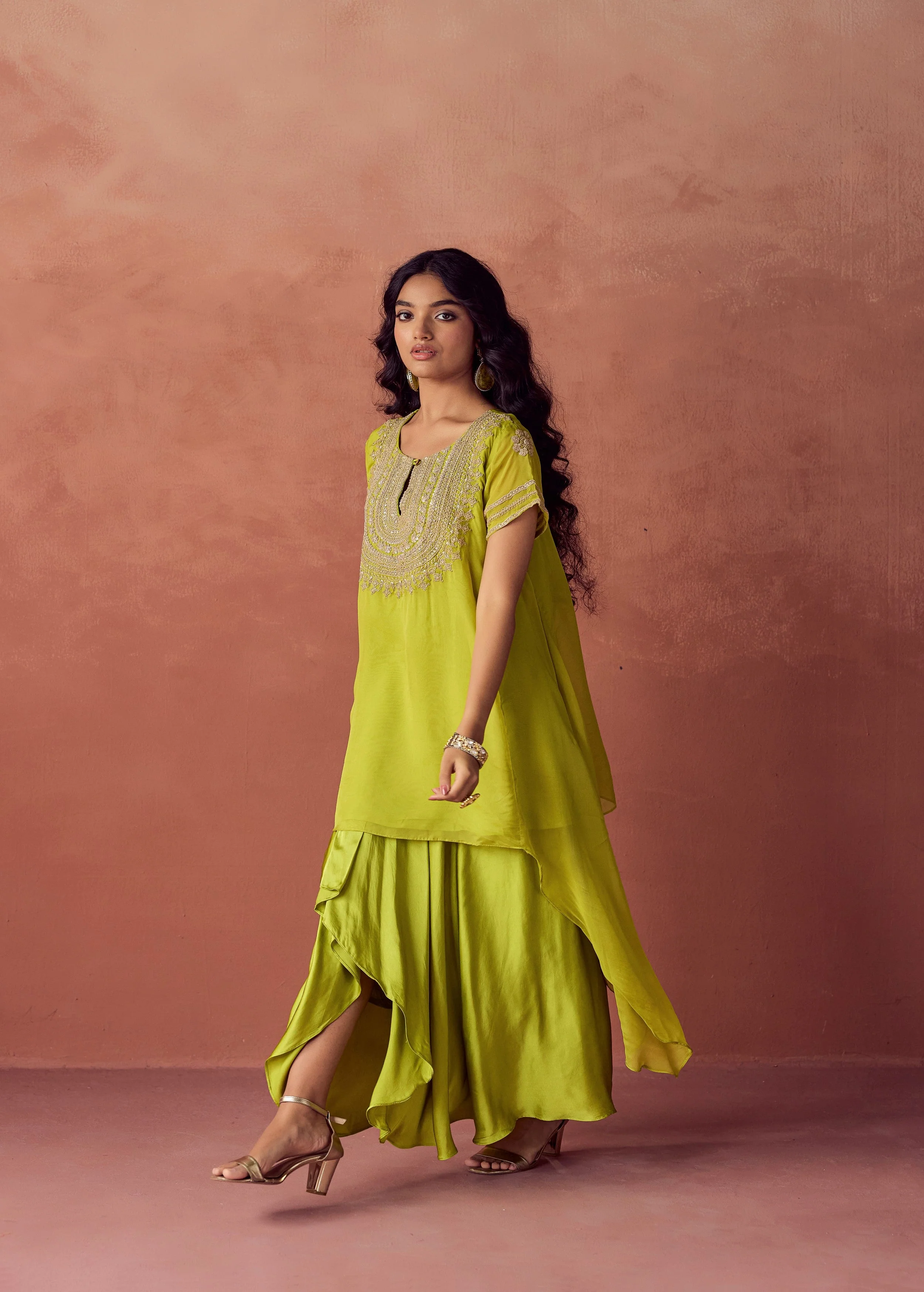 Lime Green Embroidered Organza Silk Skirt Set - Image 6