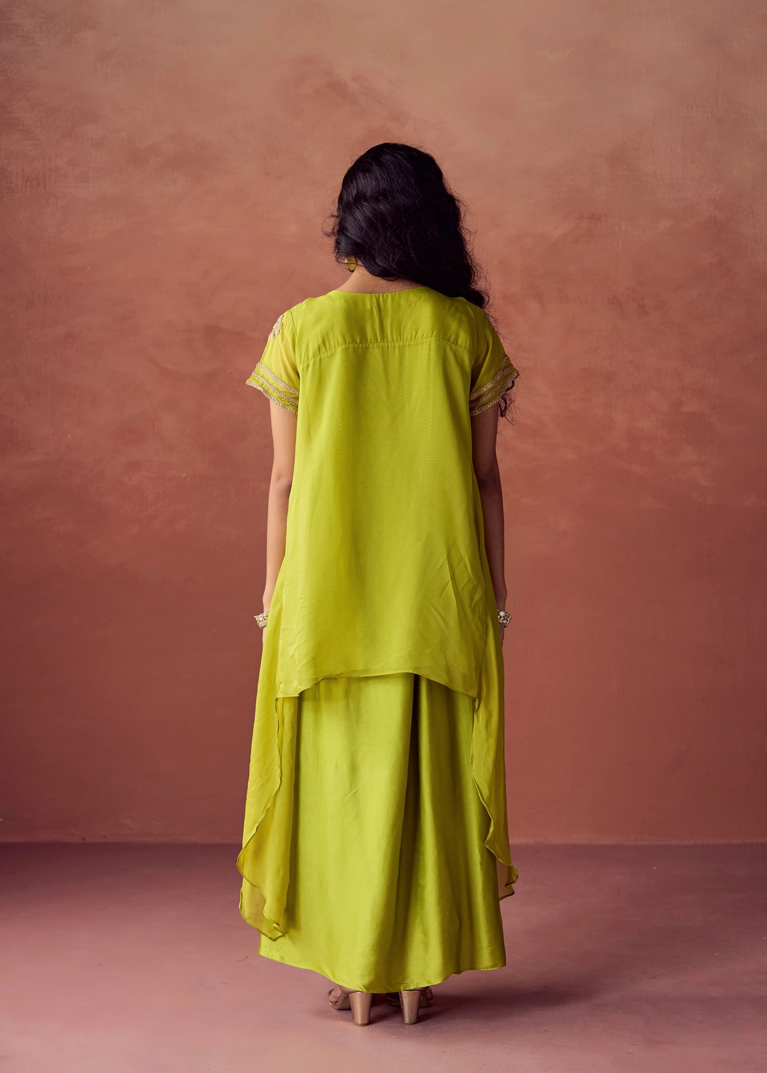 Lime Green Embroidered Organza Silk Skirt Set - Image 7