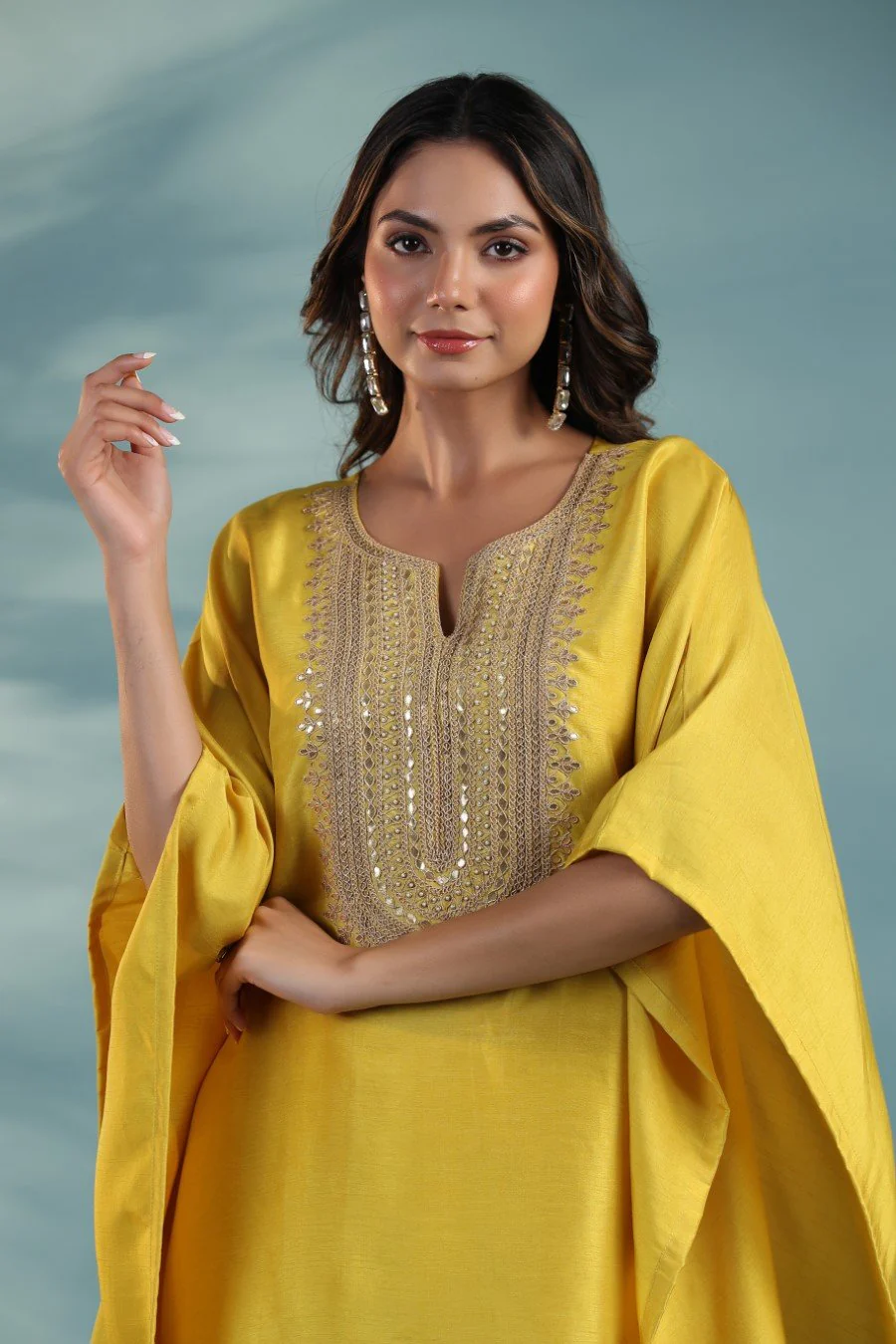 Yellow Ombre Embroidered Kaftan With Pants - Image 2