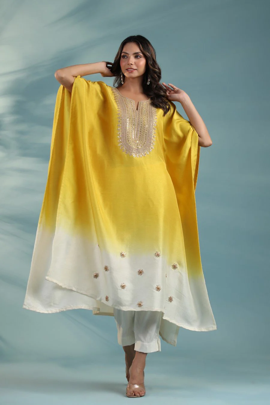 Yellow Ombre Embroidered Kaftan With Pants - Image 3