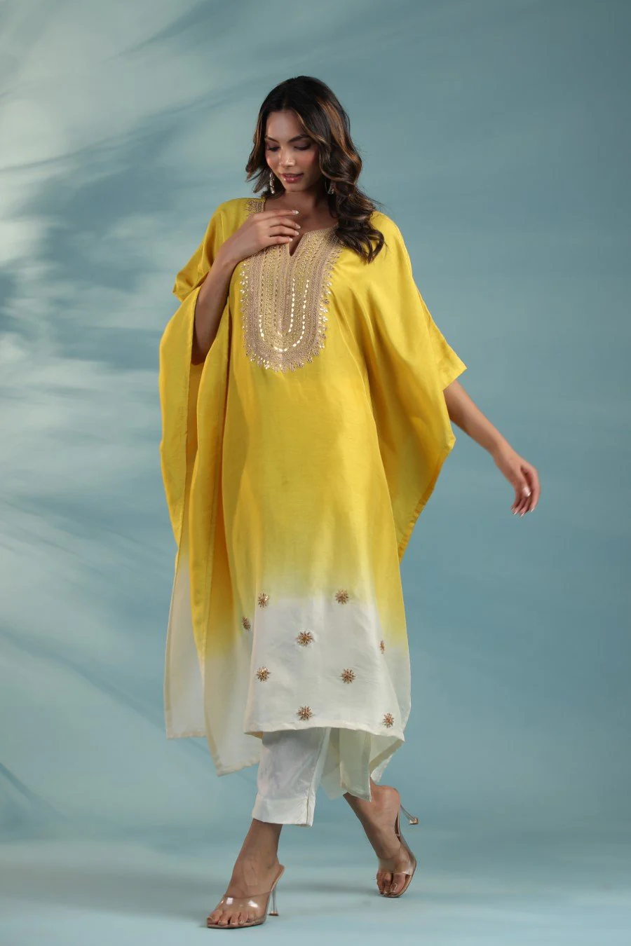 Yellow Ombre Embroidered Kaftan With Pants - Image 4