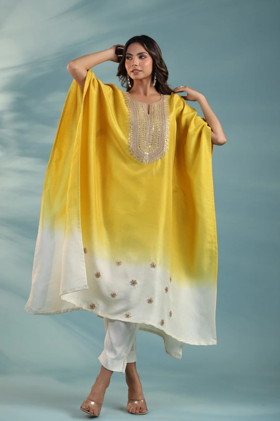Yellow Ombre Embroidered Kaftan With Pants - Image 6