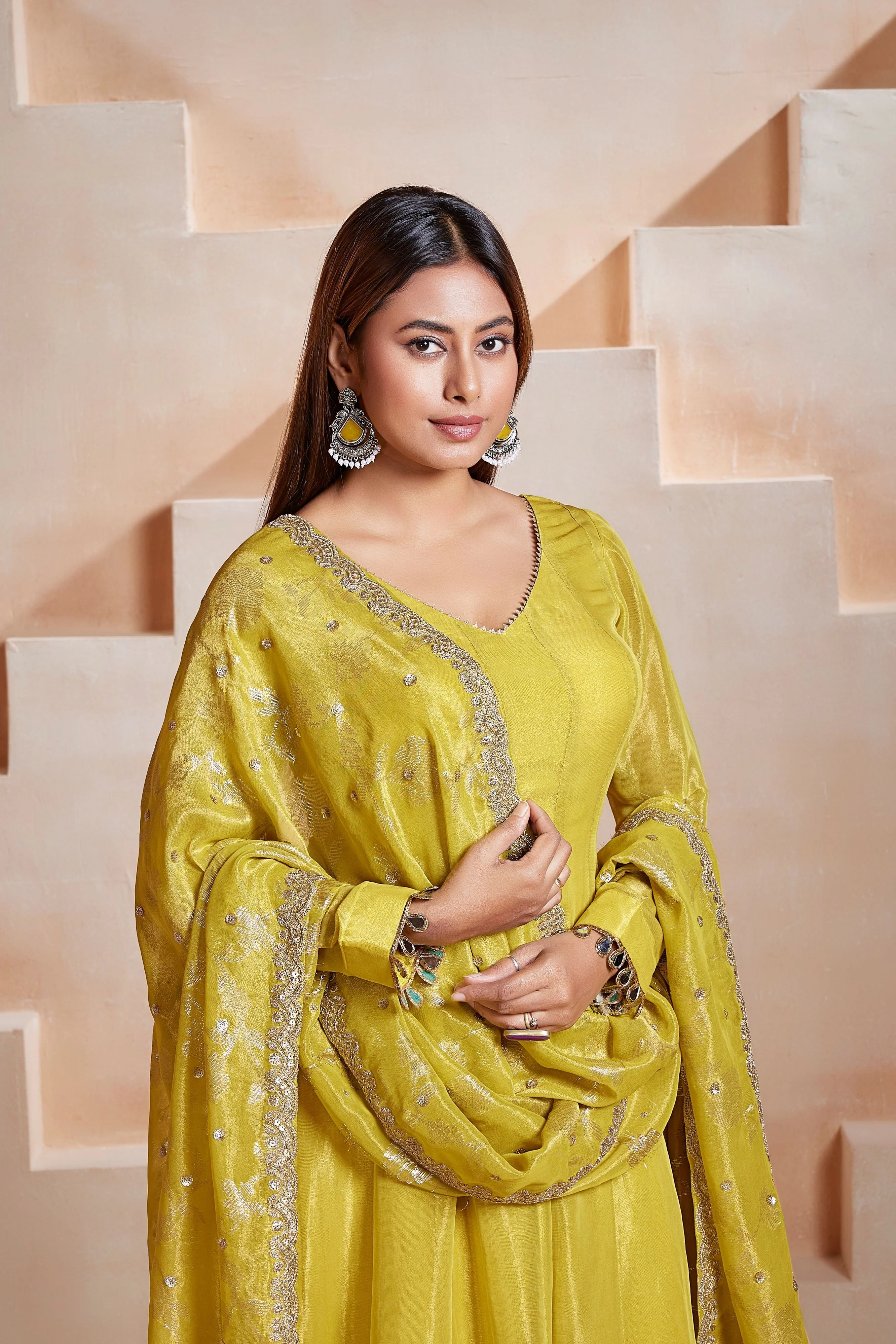 Lime Zest Embellished Tissue Silk Anarkali Set - Image 2