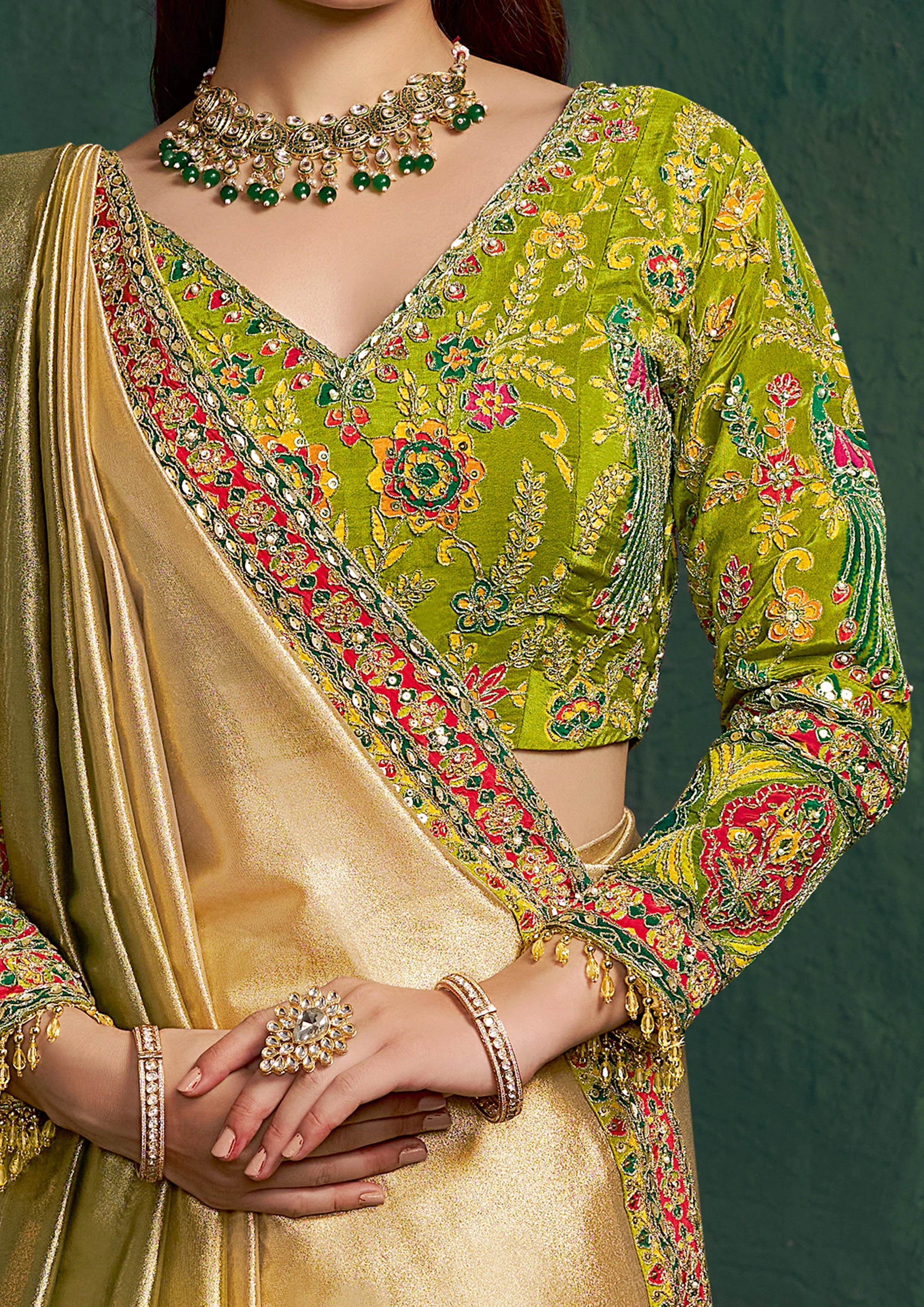 Sunglow Green Embroidered Shimmer Tissue Silk Saree - Image 2