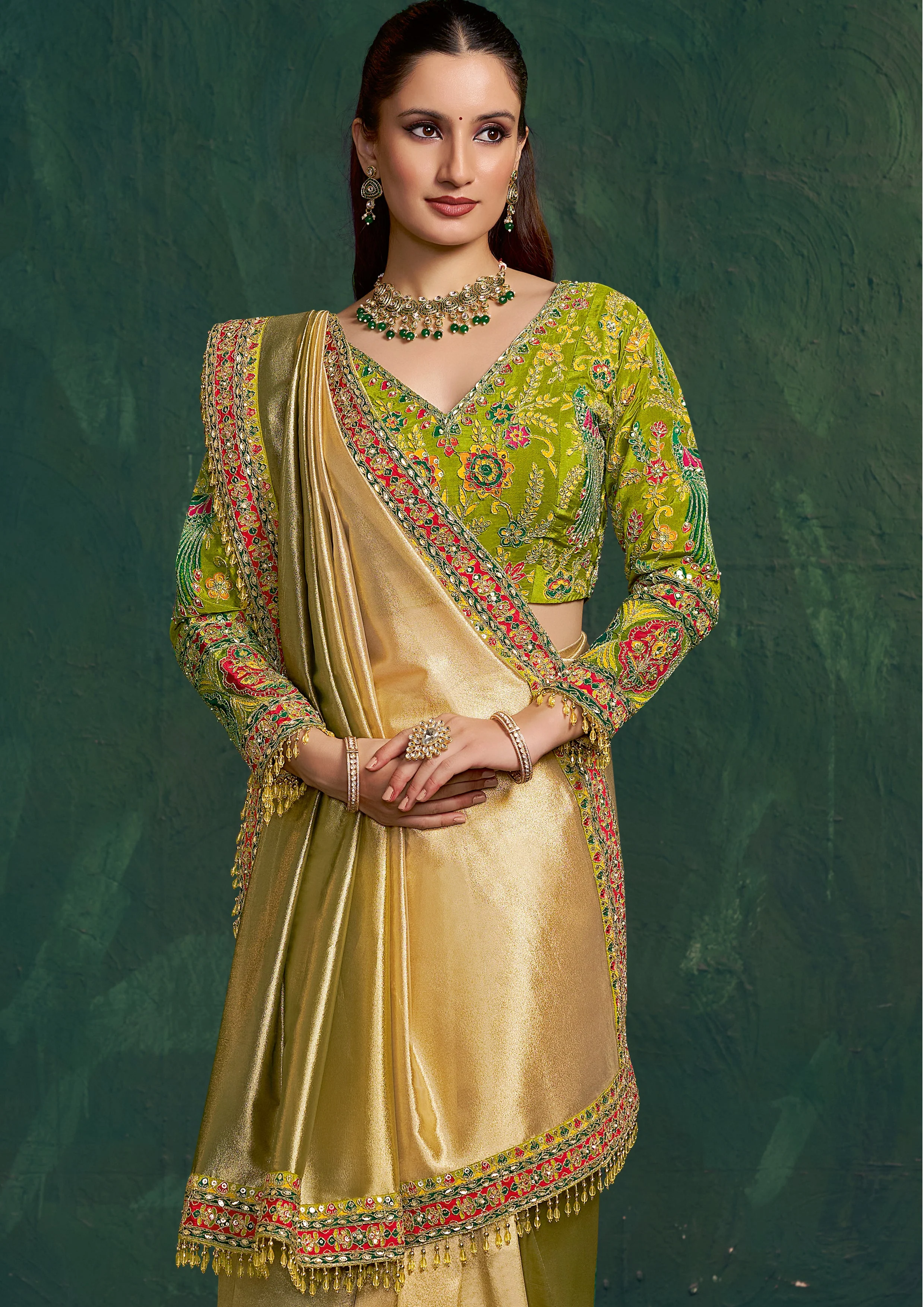 Sunglow Green Embroidered Shimmer Tissue Silk Saree - Image 3