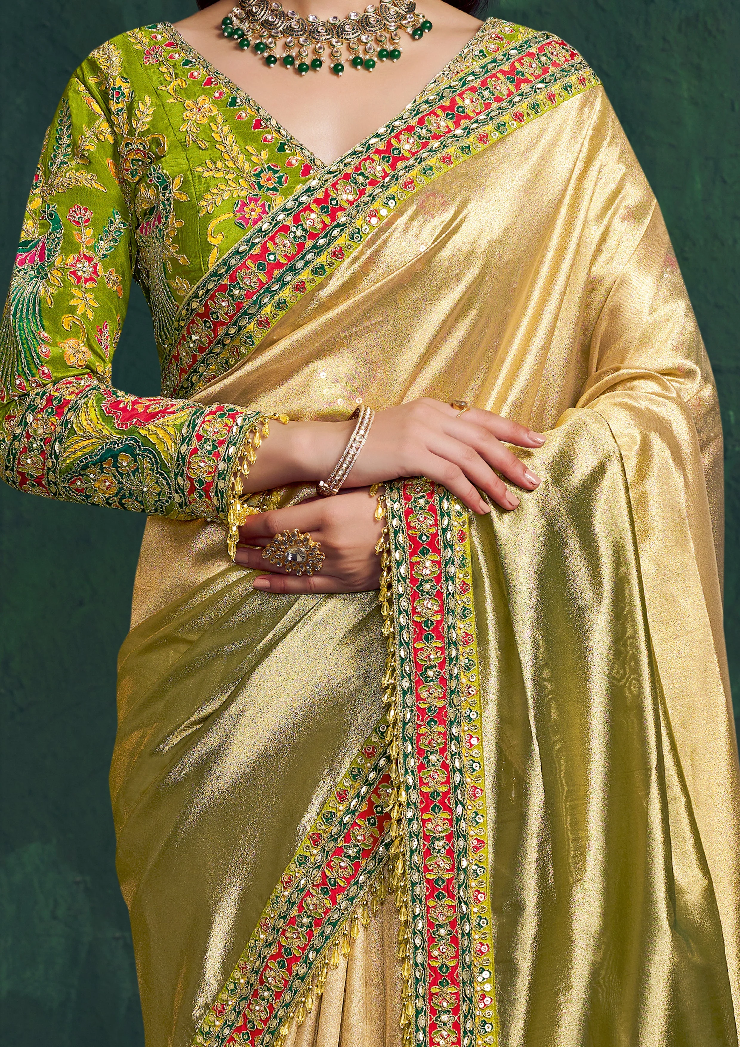 Sunglow Green Embroidered Shimmer Tissue Silk Saree - Image 4