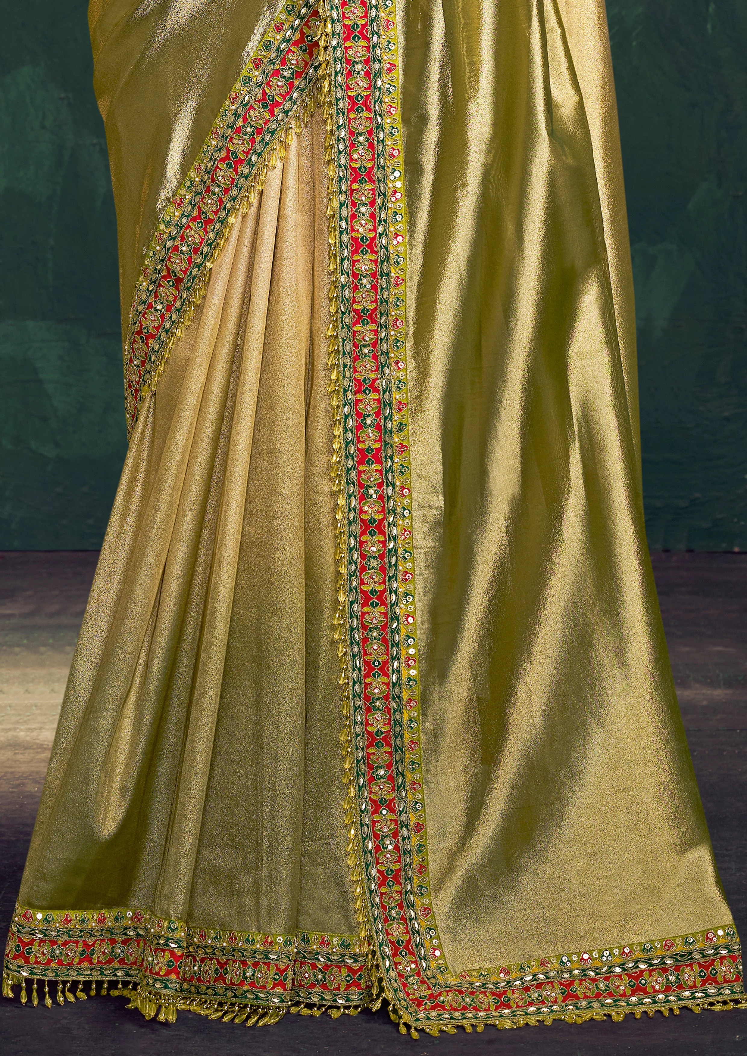 Sunglow Green Embroidered Shimmer Tissue Silk Saree - Image 5
