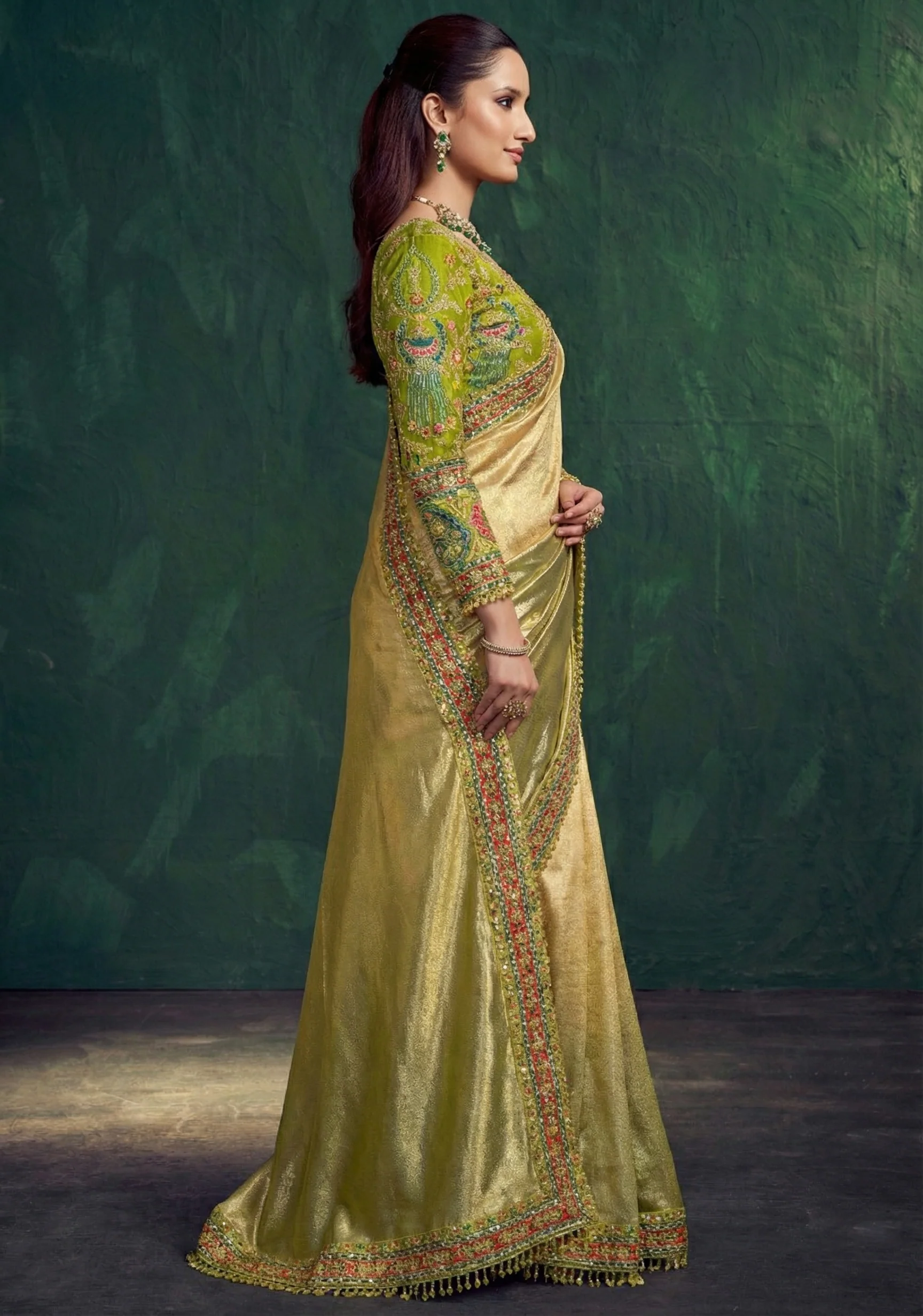 Sunglow Green Embroidered Shimmer Tissue Silk Saree - Image 6