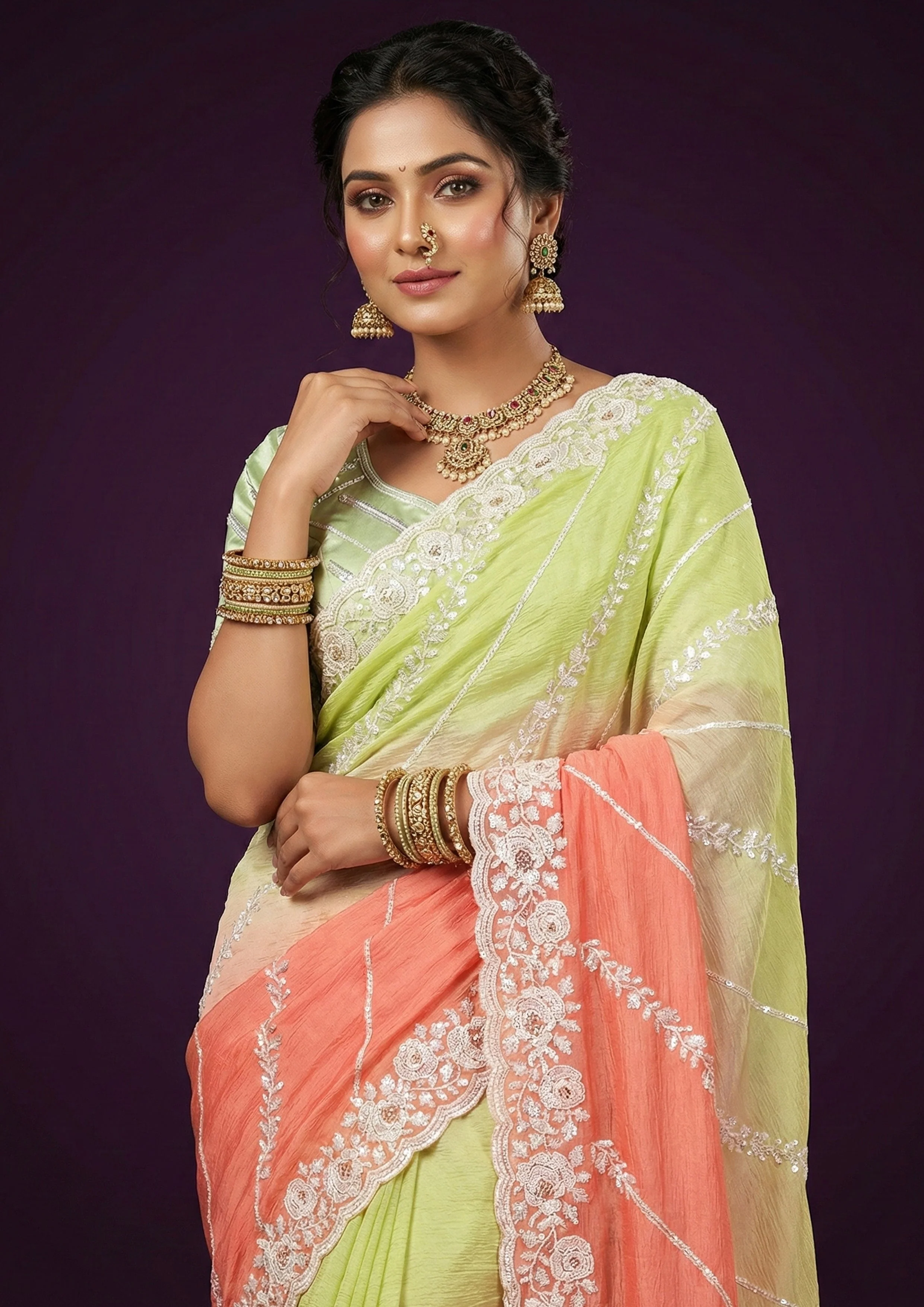 Lime & Peach Ombre Embellished Crushed Silk Saree - Image 2